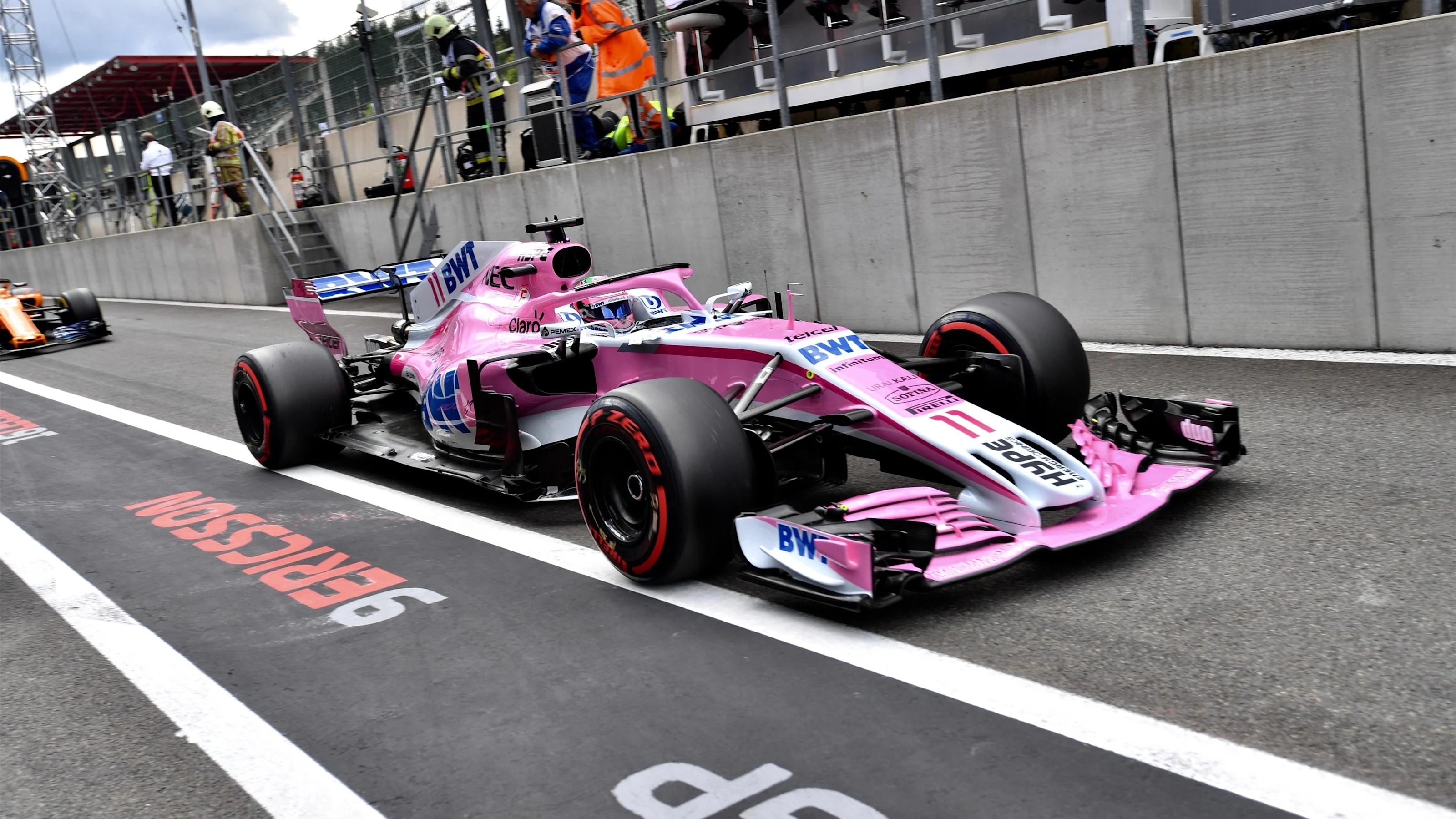 Sergio Perez, Racing Point Force India VJM11 in pit lane at Formula One World Championship, Rd13,