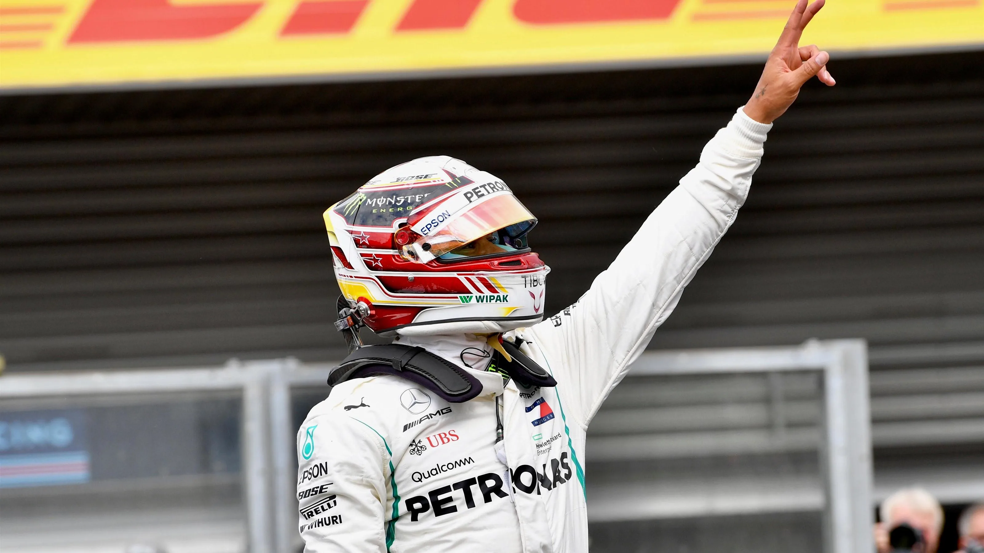Pole sitter Lewis Hamilton, Mercedes AMG F1 celebrates in parc ferme at Formula One World