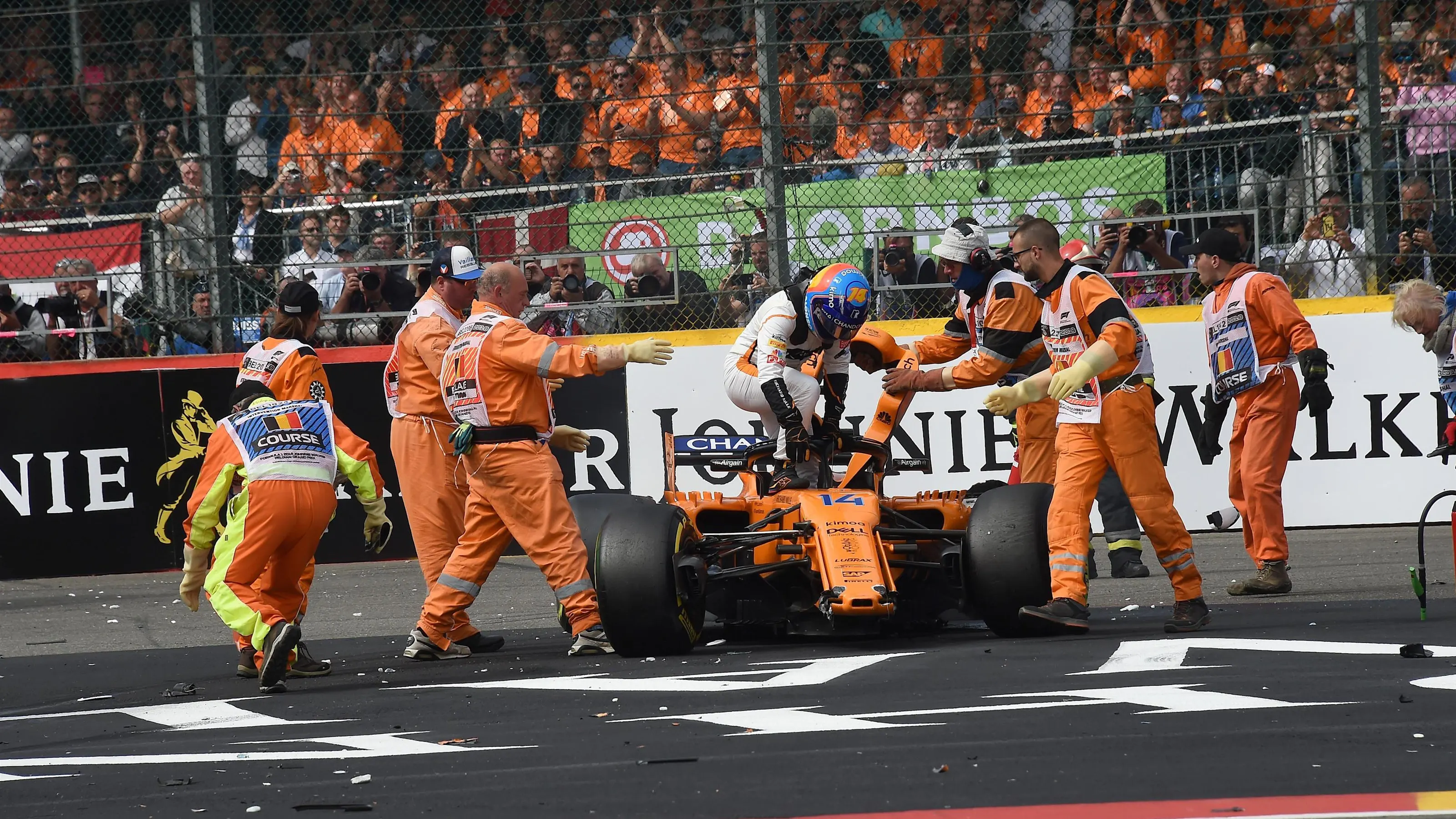 Fernando Alonso, McLaren MCL33 getting out of his crashed car at Formula One World Championship,