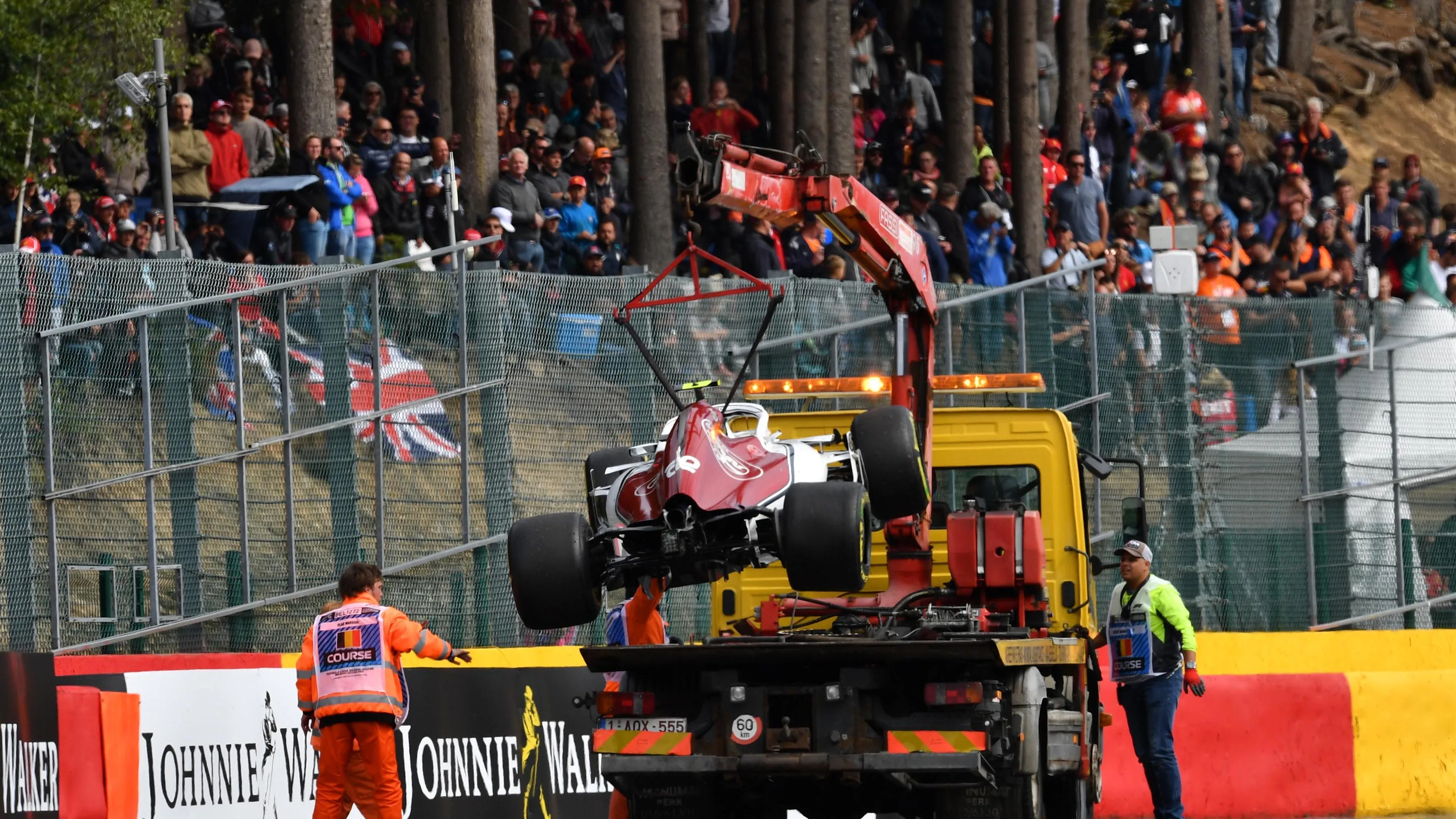 The crashed car of Charles Leclerc, Alfa Romeo Sauber C37 is recovered at Formula One World