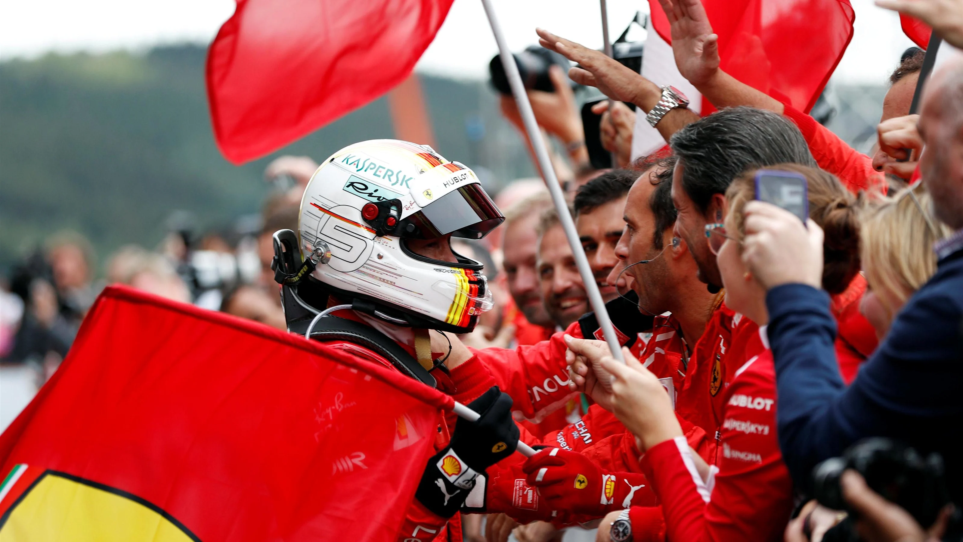Race winner Sebastian Vettel, Ferrari celebrates in parc ferme at Formula One World Championship,