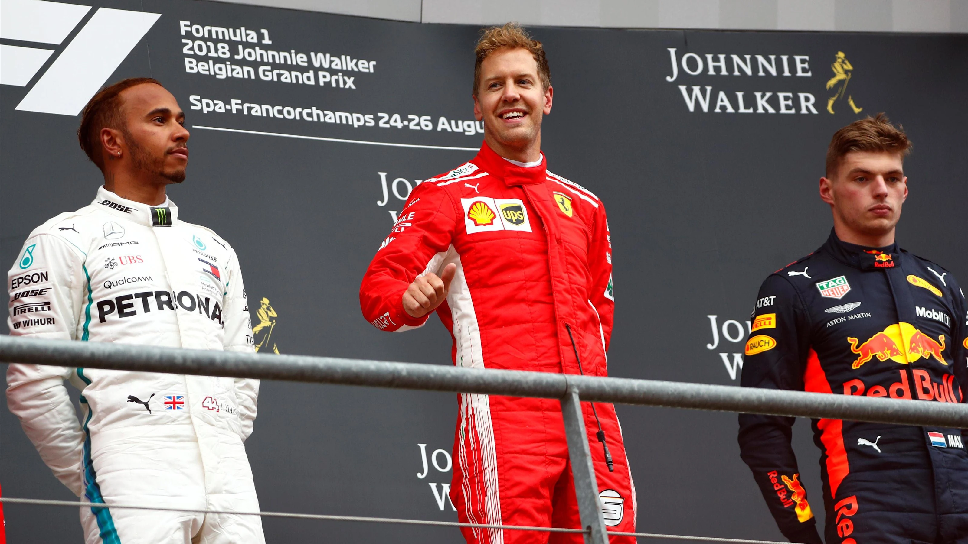 (L to R): Lewis Hamilton, Mercedes AMG F1. Sebastian Vettel, Ferrari and Max Verstappen, Red Bull