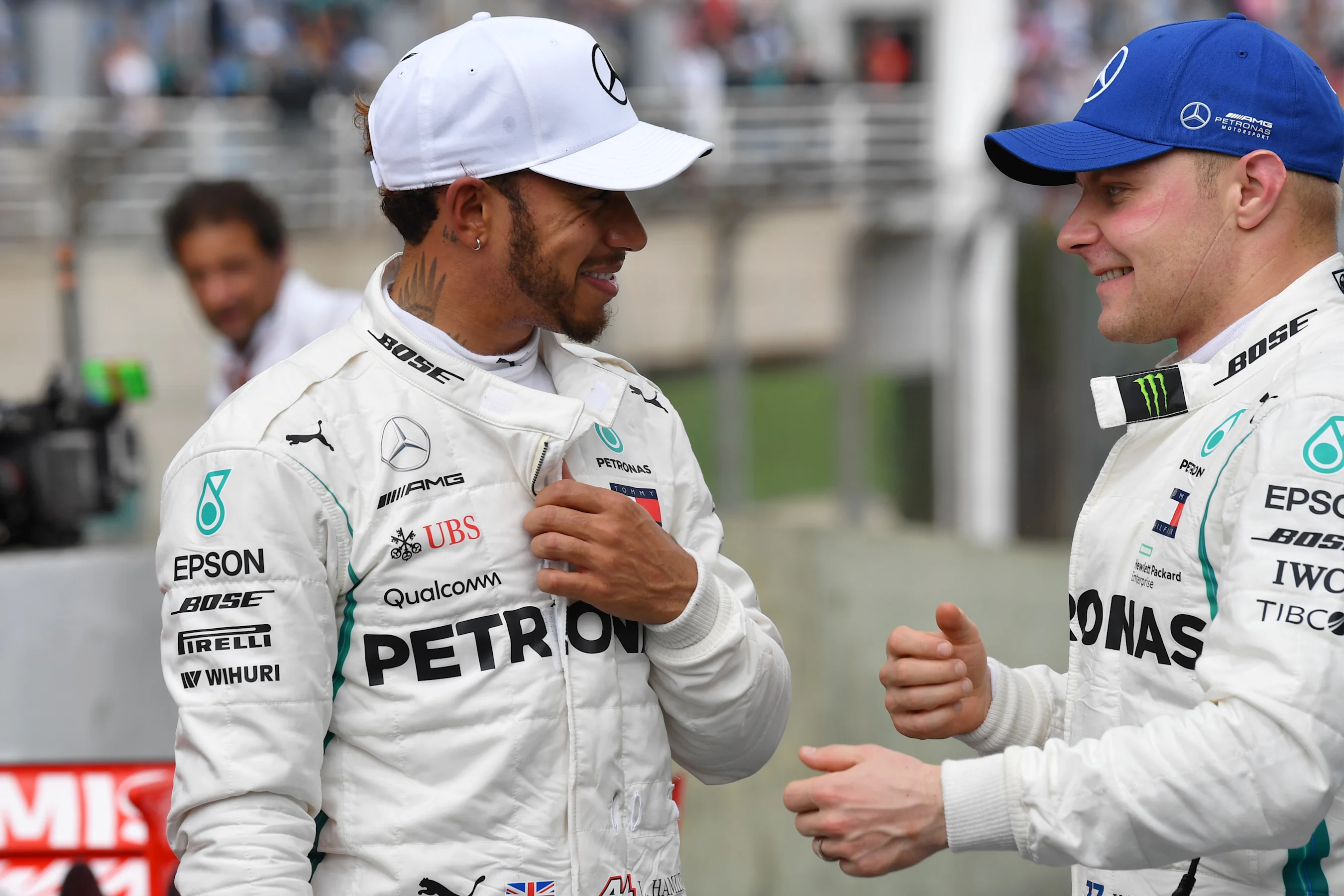 Lewis Hamilton, Mercedes AMG F1 and Valtteri Bottas, Mercedes AMG F1 in Parc Ferme at Formula One