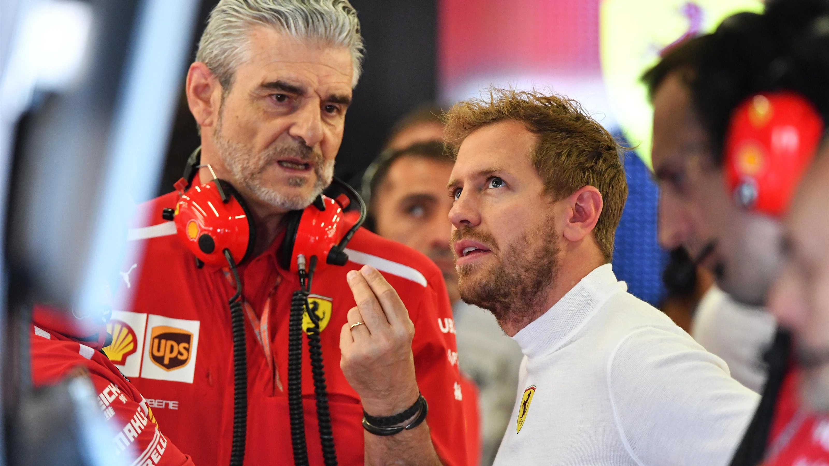 Sebastian Vettel (GER) Ferrari and Maurizio Arrivabene (ITA) Ferrari Team Principal at Formula One