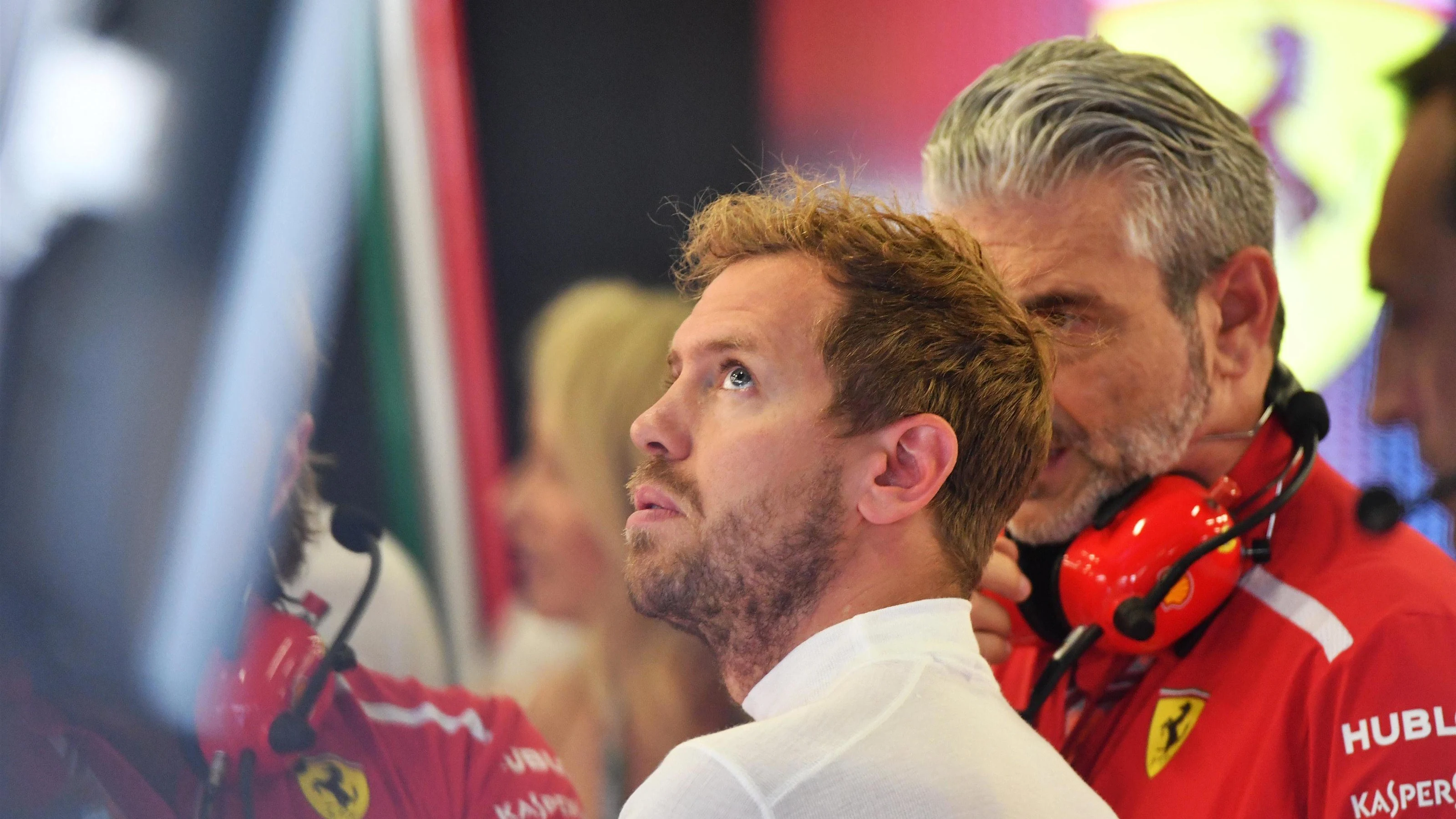 Sebastian Vettel (GER) Ferrari and Maurizio Arrivabene (ITA) Ferrari Team Principal at Formula One