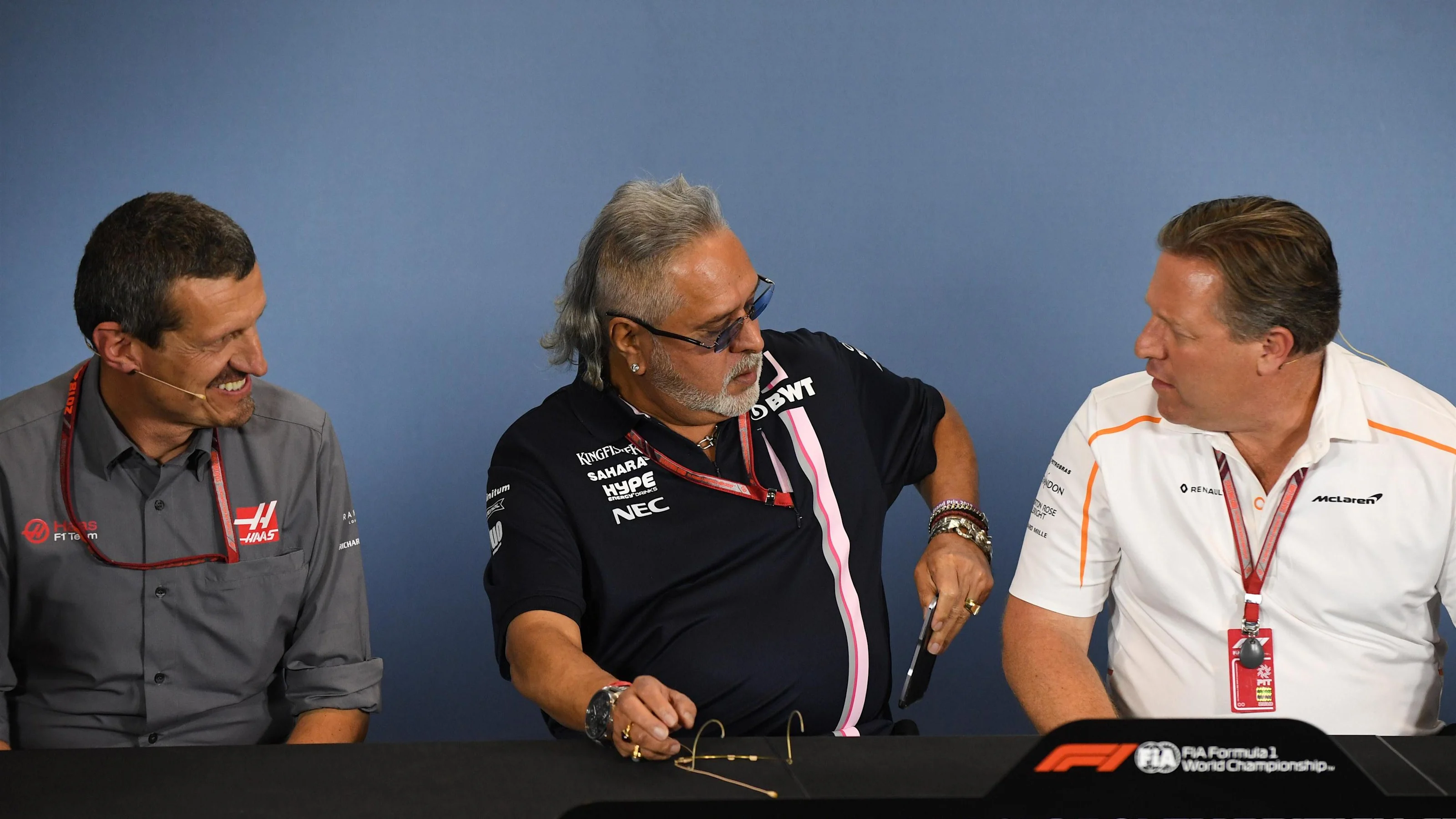 Guenther Steiner (ITA) Team Prinicipal, Haas F1 Team, Dr. Vijay Mallya (IND) Force India Formula