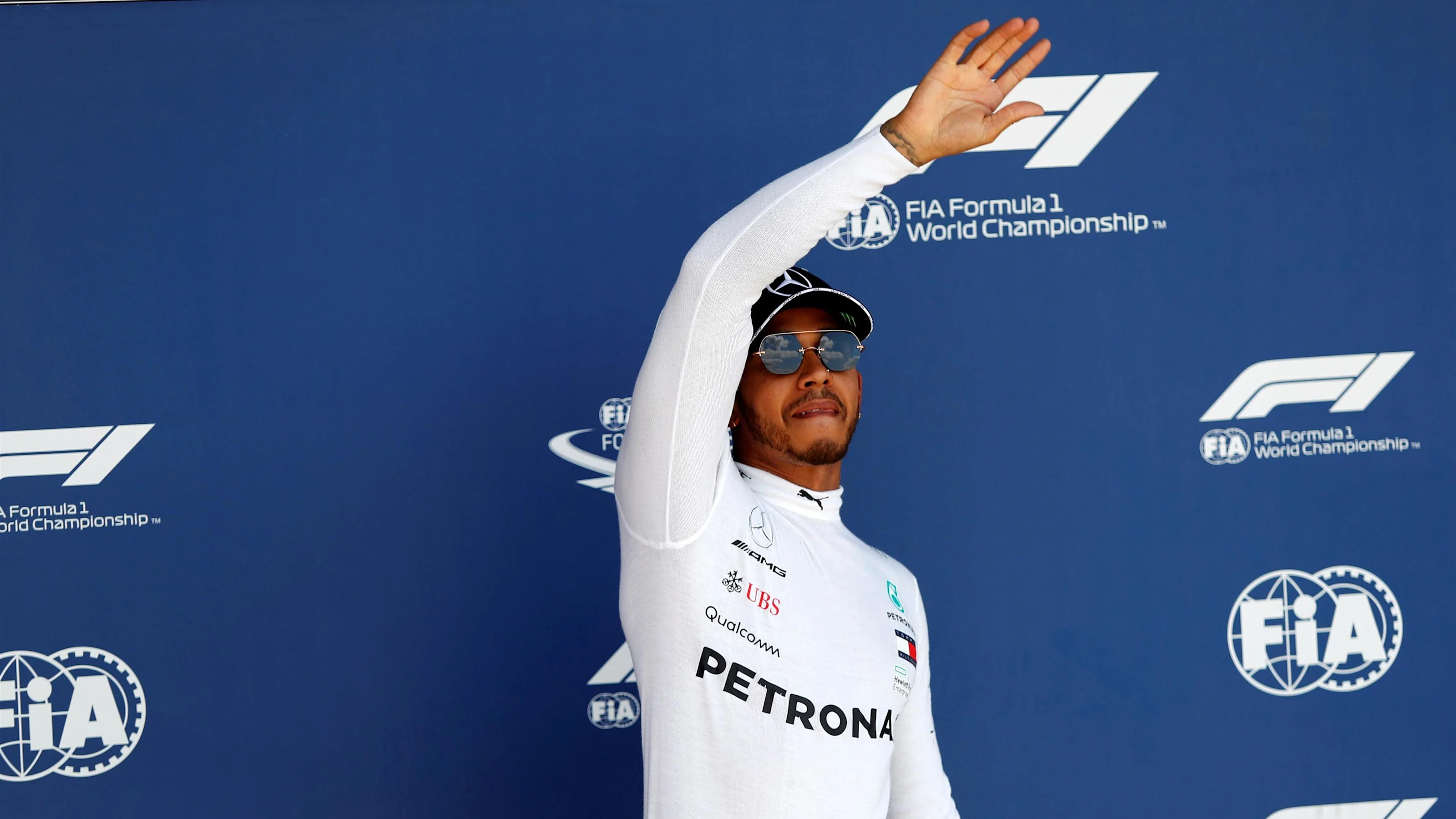 Pole sitter Lewis Hamilton (GBR) Mercedes-AMG F1 celebrates in parc ferme at Formula One World