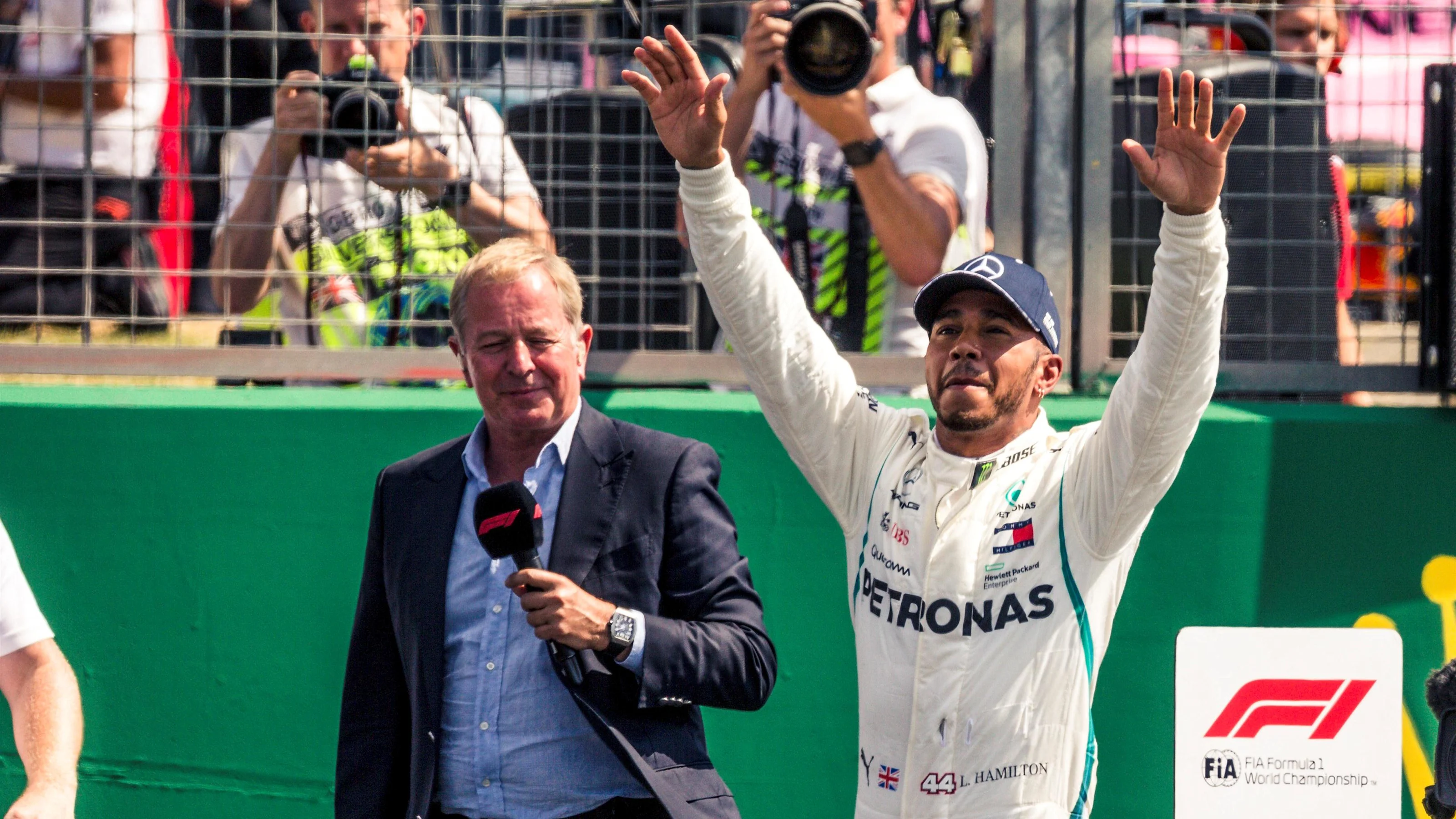 Pole sitter Lewis Hamilton (GBR) Mercedes-AMG F1 celebrates in parc ferme at Formula One World