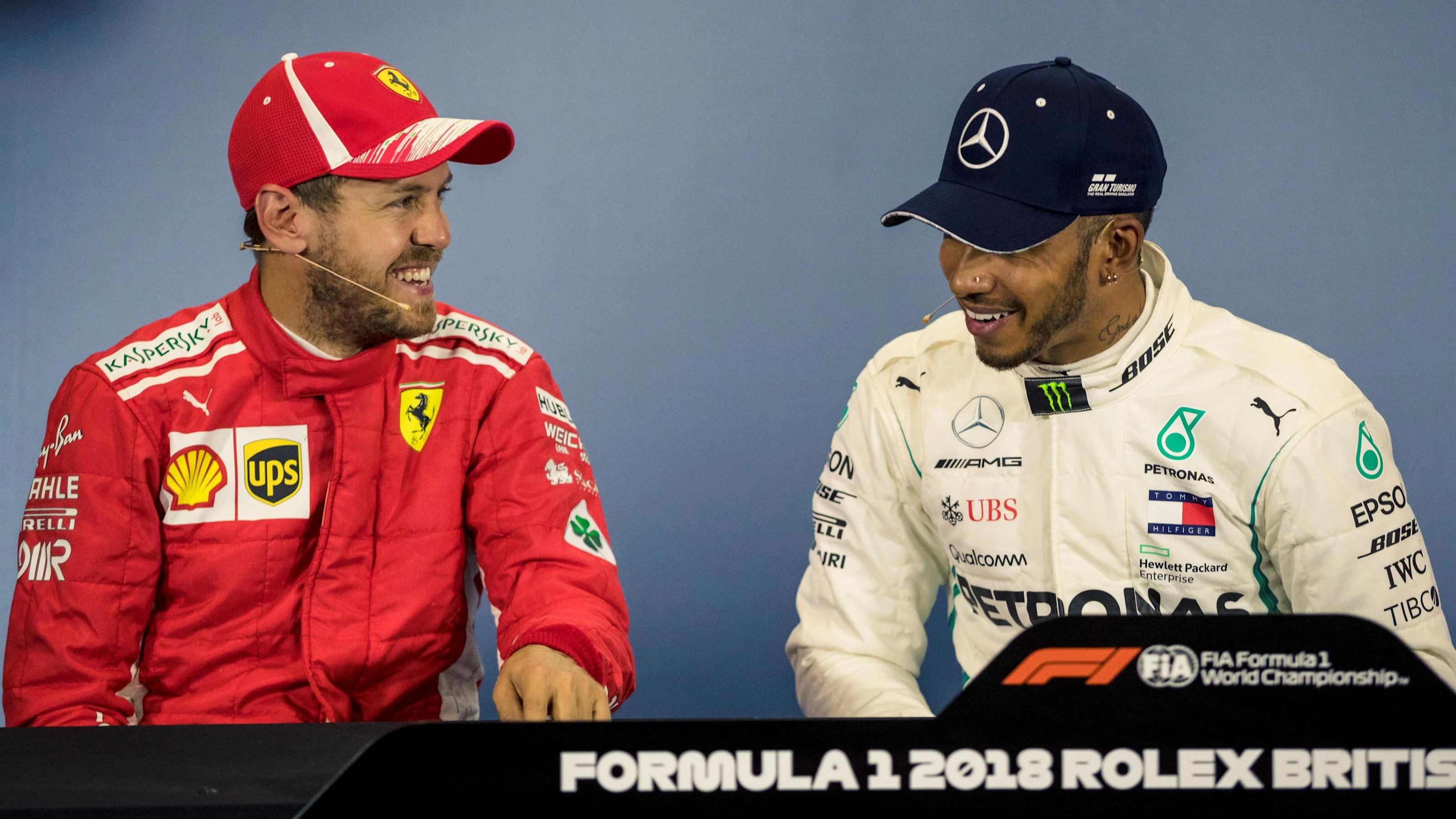 Sebastian Vettel (GER) Ferrari and Lewis Hamilton (GBR) Mercedes-AMG F1 in  the Press Conference at