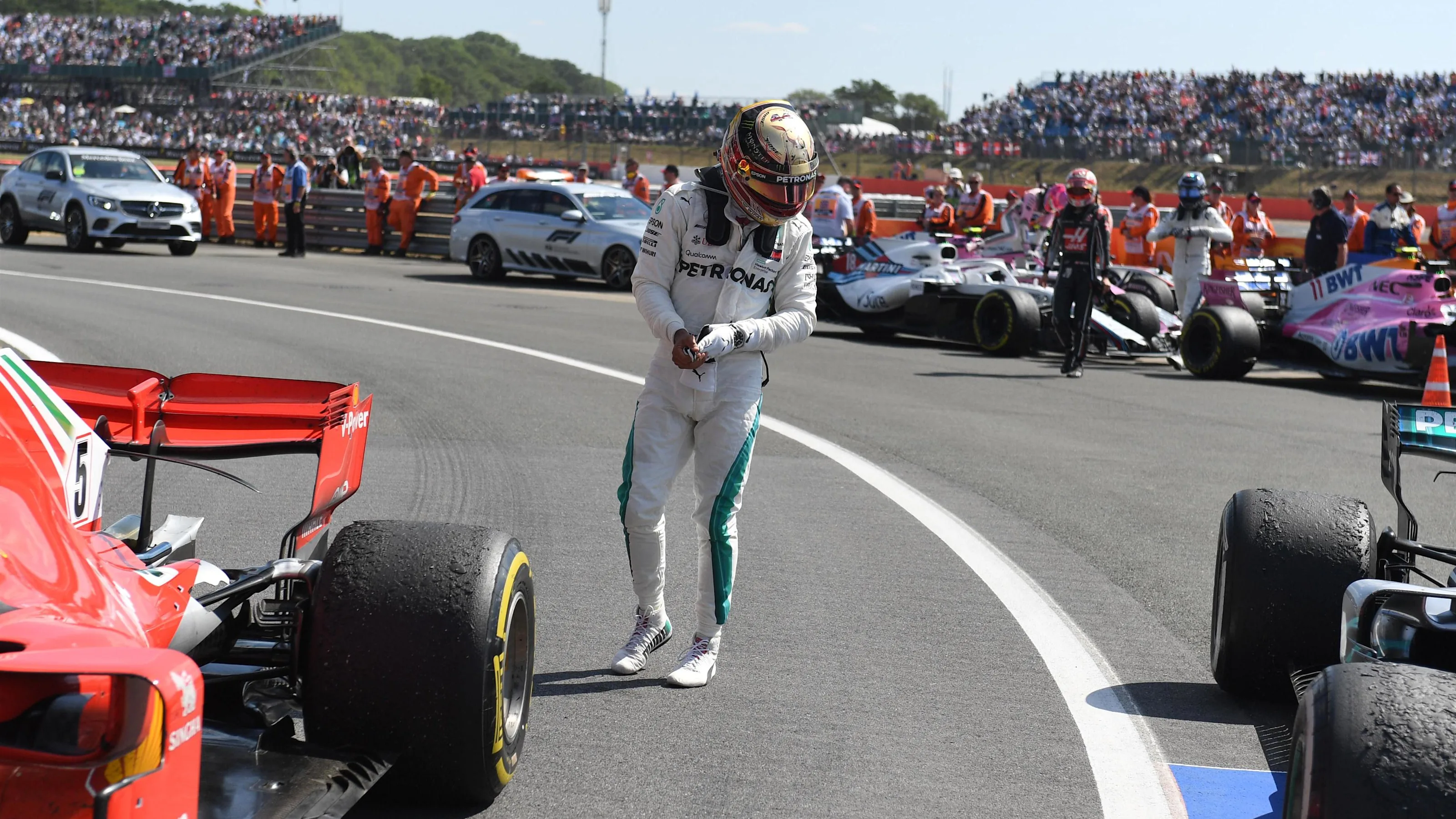 Lewis Hamilton (GBR) Mercedes-AMG F1 in parc ferme at Formula One World Championship, Rd10, British