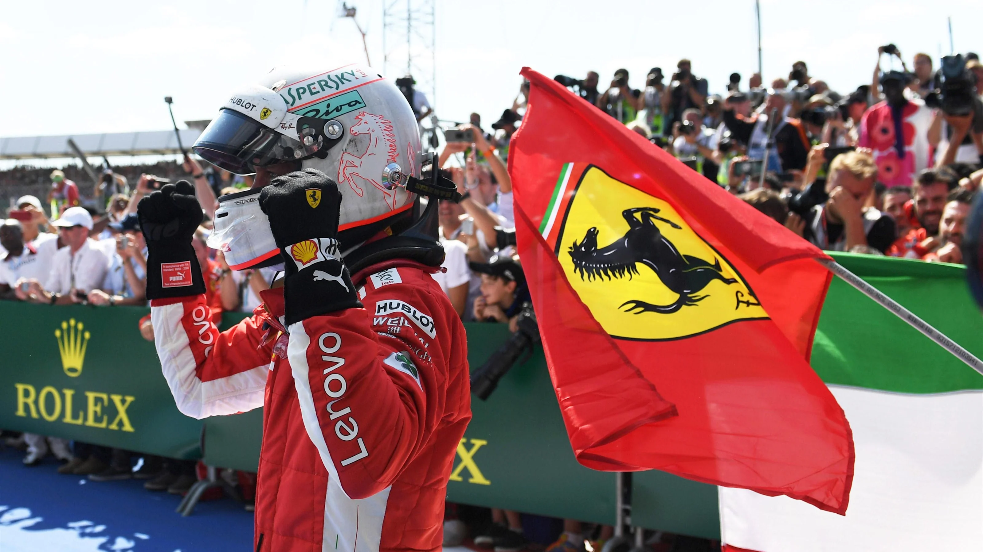 Race winner Sebastian Vettel (GER) Ferrari celebrates in parc ferme at Formula One World