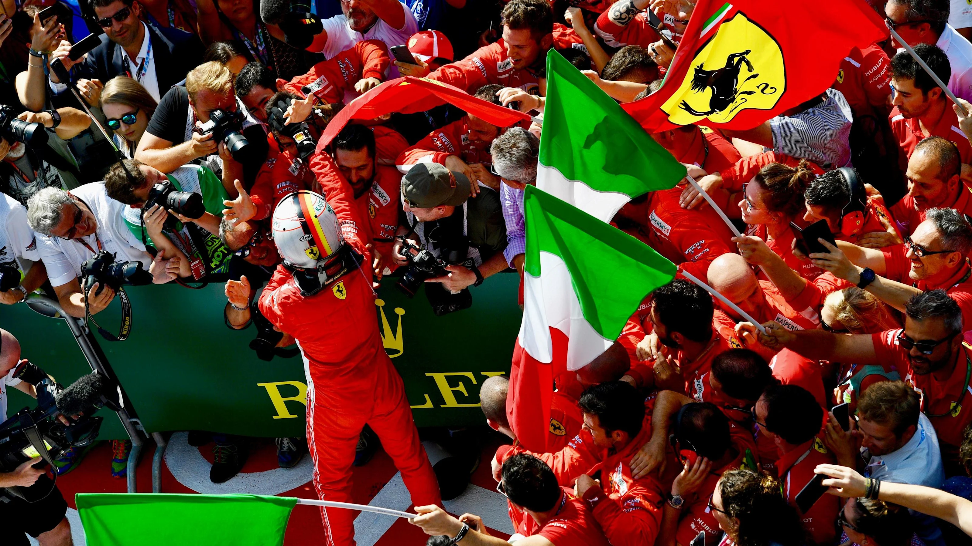 Race winner Sebastian Vettel (GER) Ferrari celebrates in parc ferme at Formula One World
