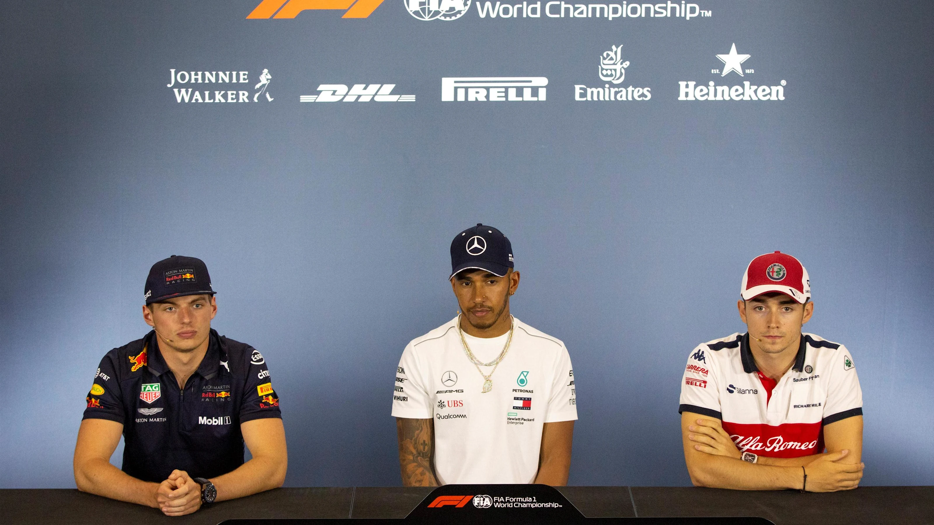 Max Verstappen (NED) Red Bull Racing, Lewis Hamilton (GBR) Mercedes-AMG F1 and Charles Leclerc