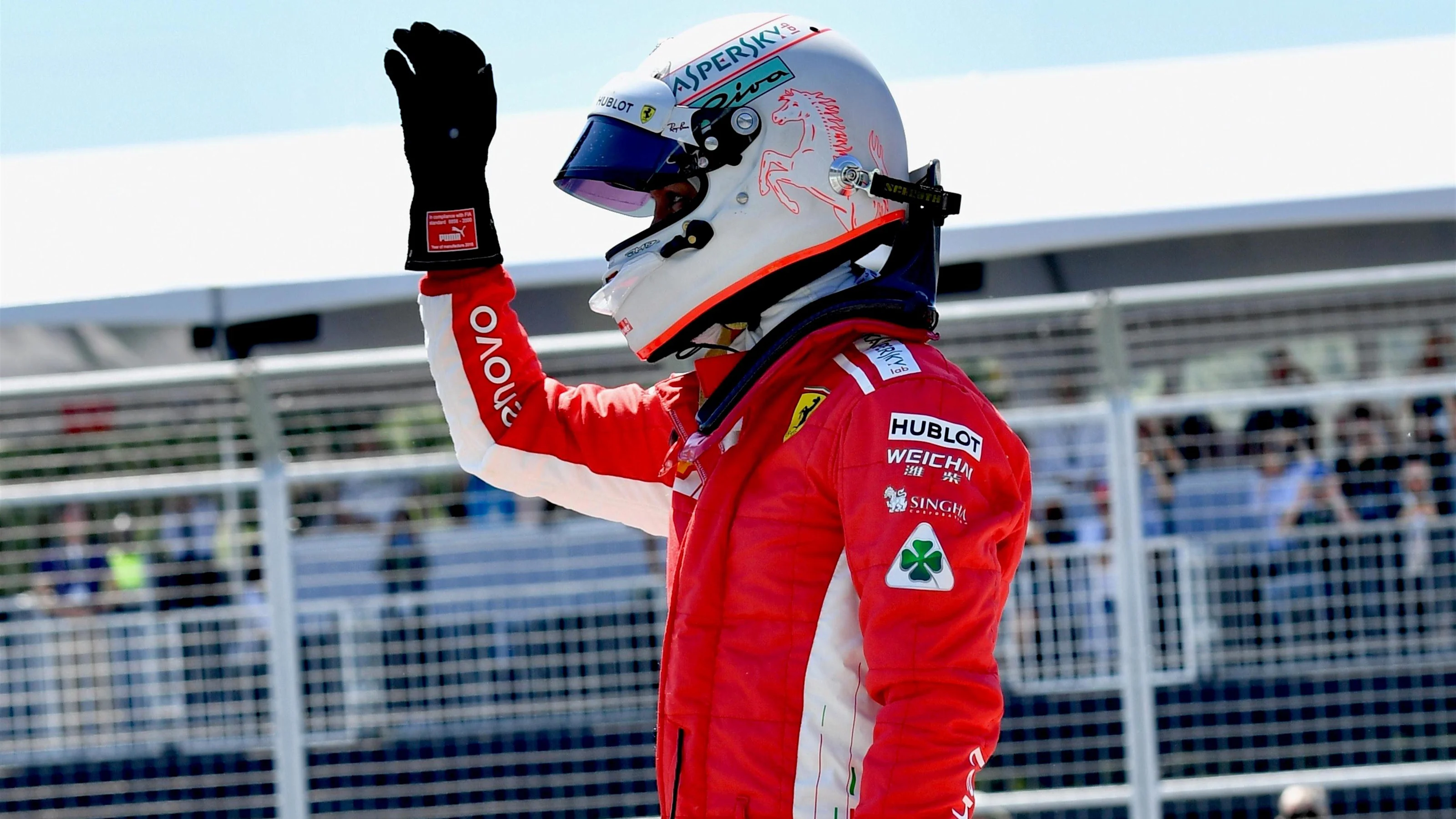 Pole sitter Sebastian Vettel (GER) Ferrari celebrates in parc ferme at Formula One World