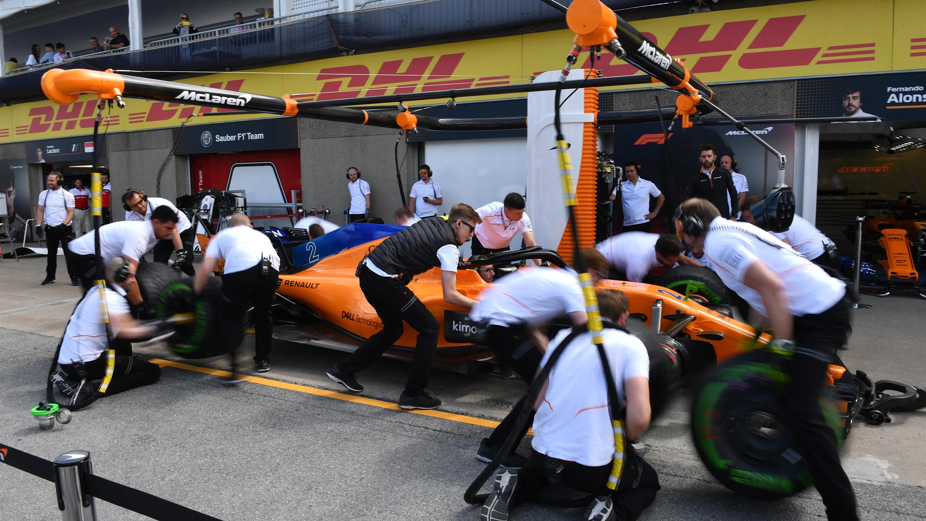 McLaren pit stop practice at Formula One World Championship, Rd7, Canadian Grand Prix, Qualifying,