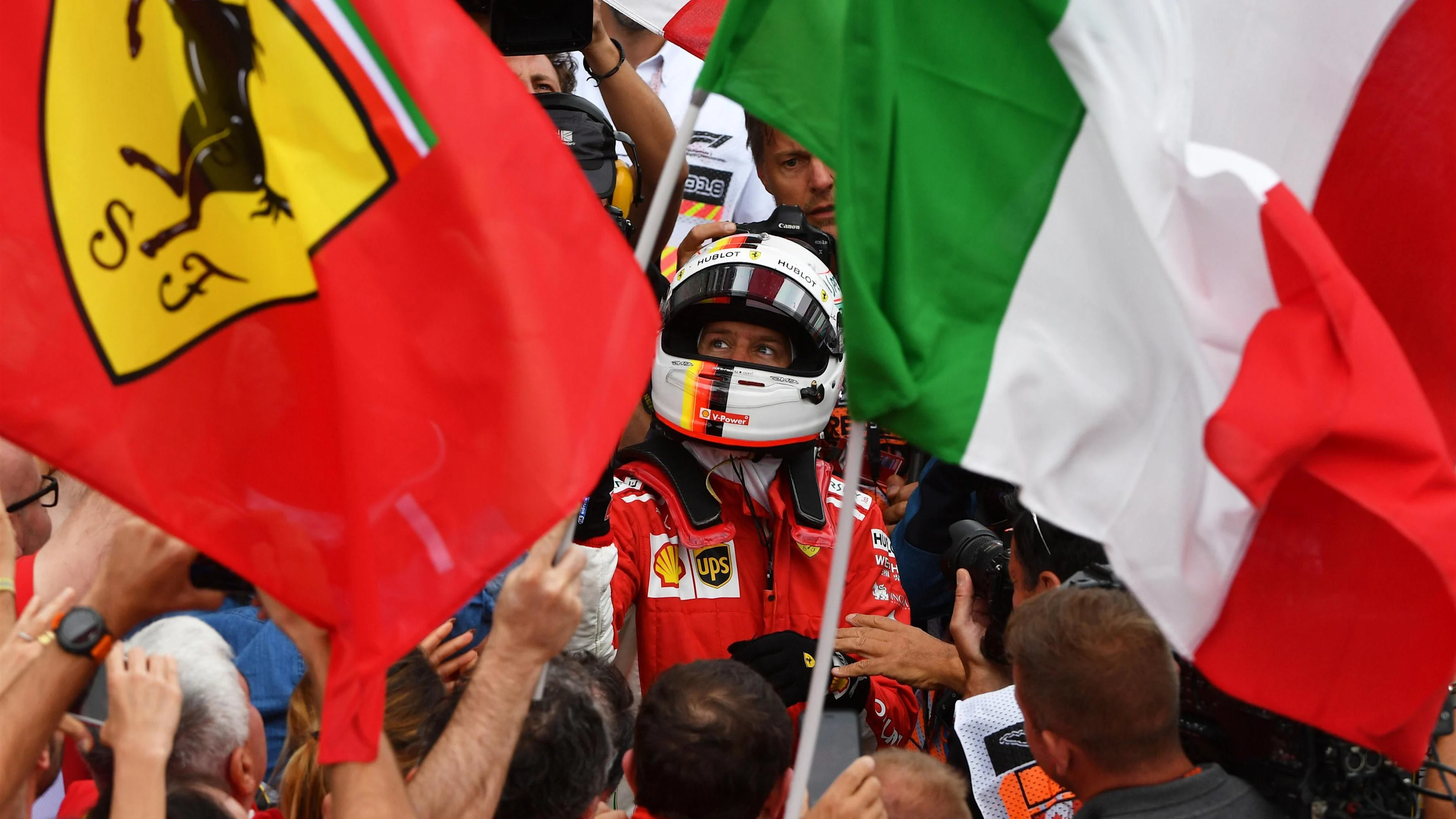 Race winner Sebastian Vettel (GER) Ferrari celebrates in parc ferme at Formula One World