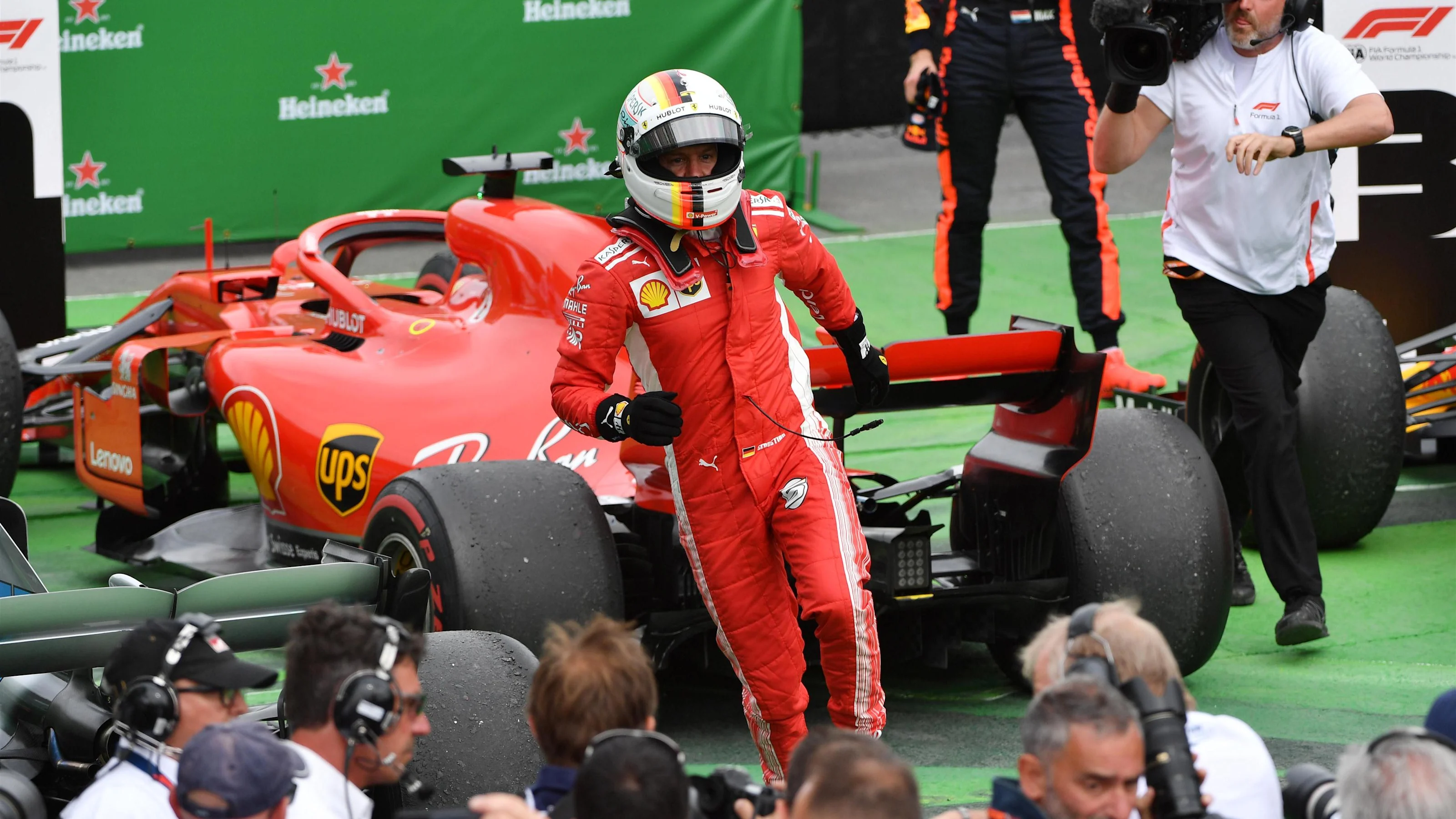 Race winner Sebastian Vettel (GER) Ferrari celebrates in parc ferme at Formula One World