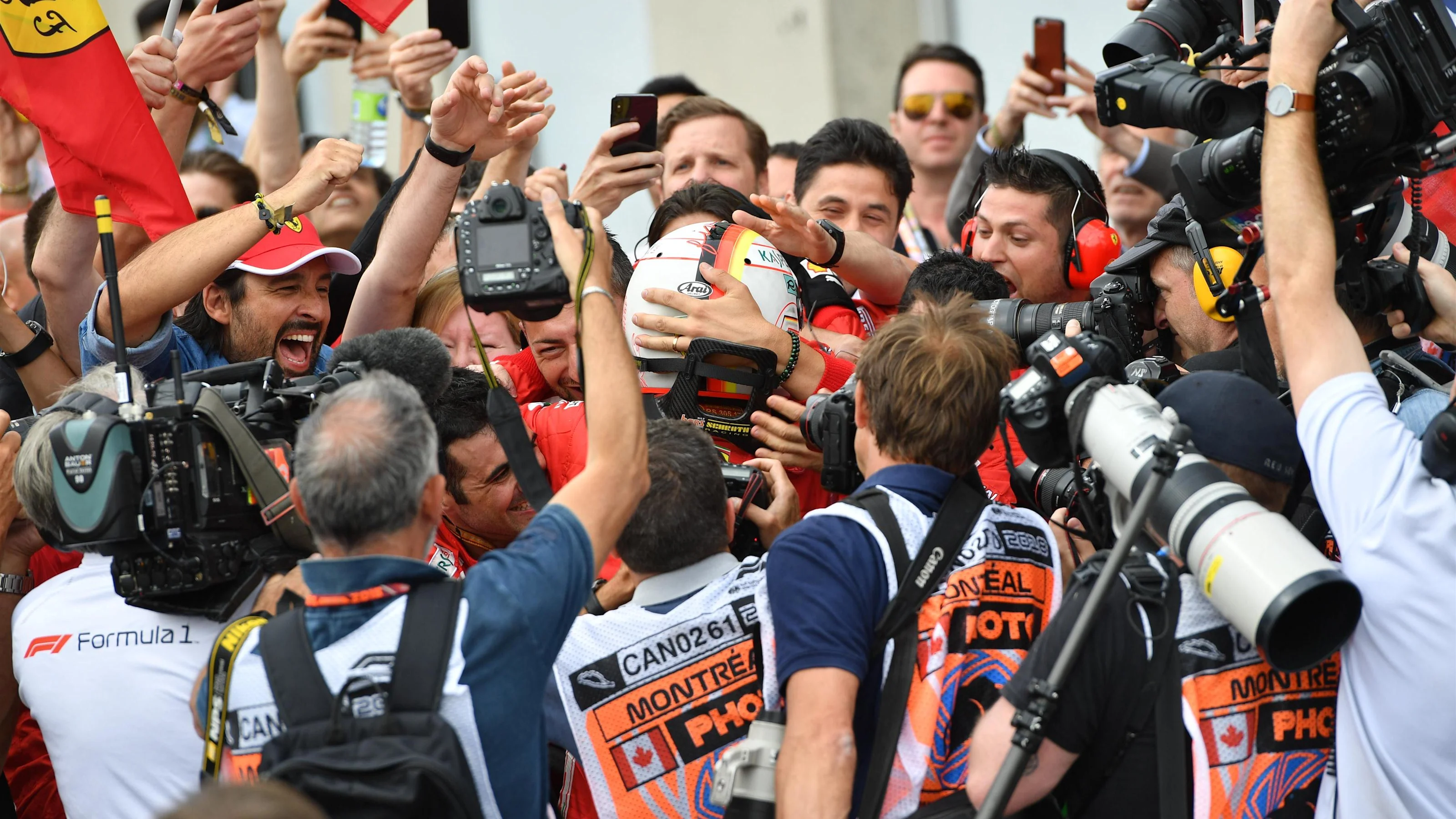 Race winner Sebastian Vettel (GER) Ferrari celebrates in parc ferme at Formula One World