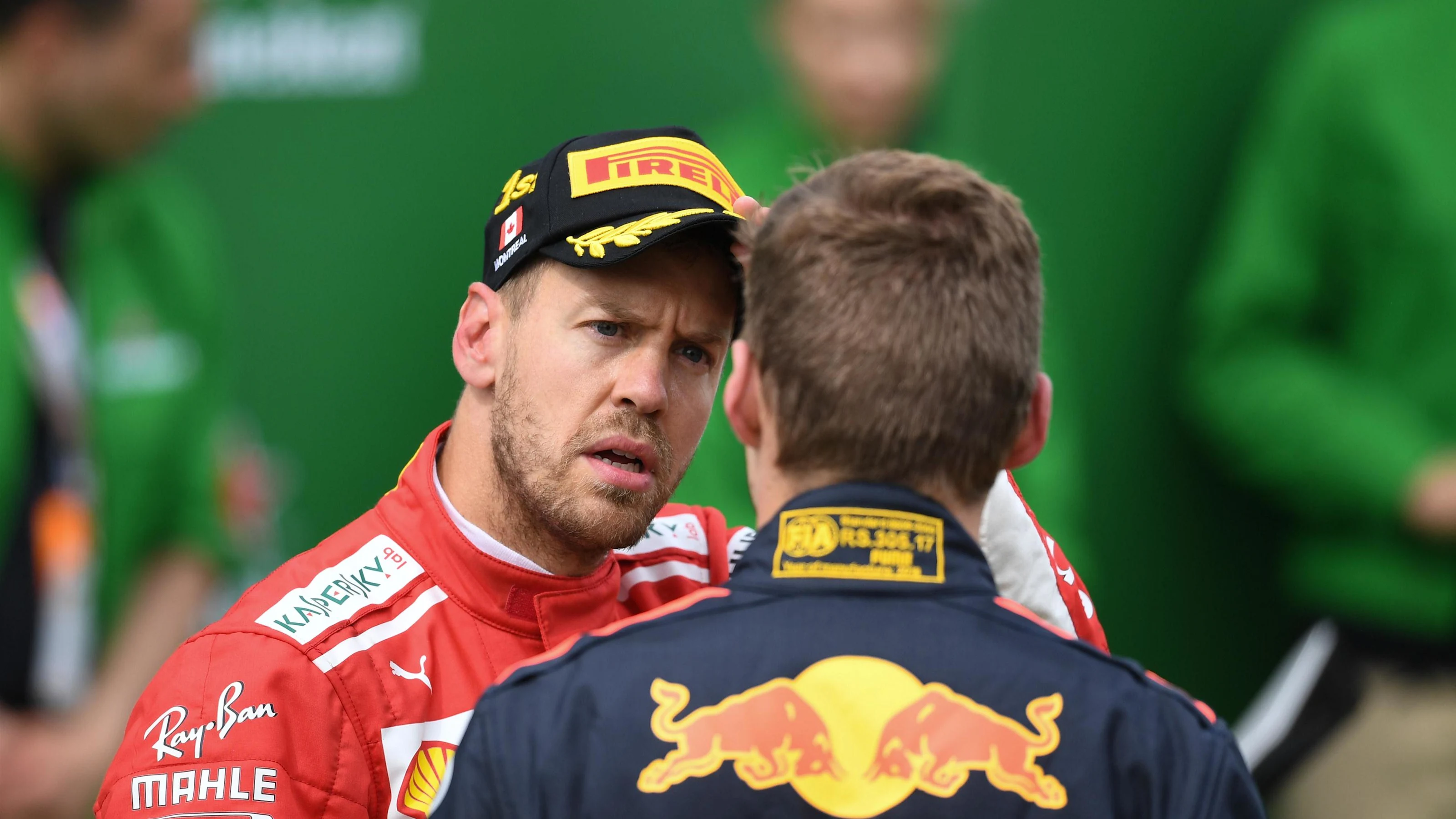 Sebastian Vettel (GER) Ferrari and Max Verstappen (NED) Red Bull Racing in parc ferme at Formula
