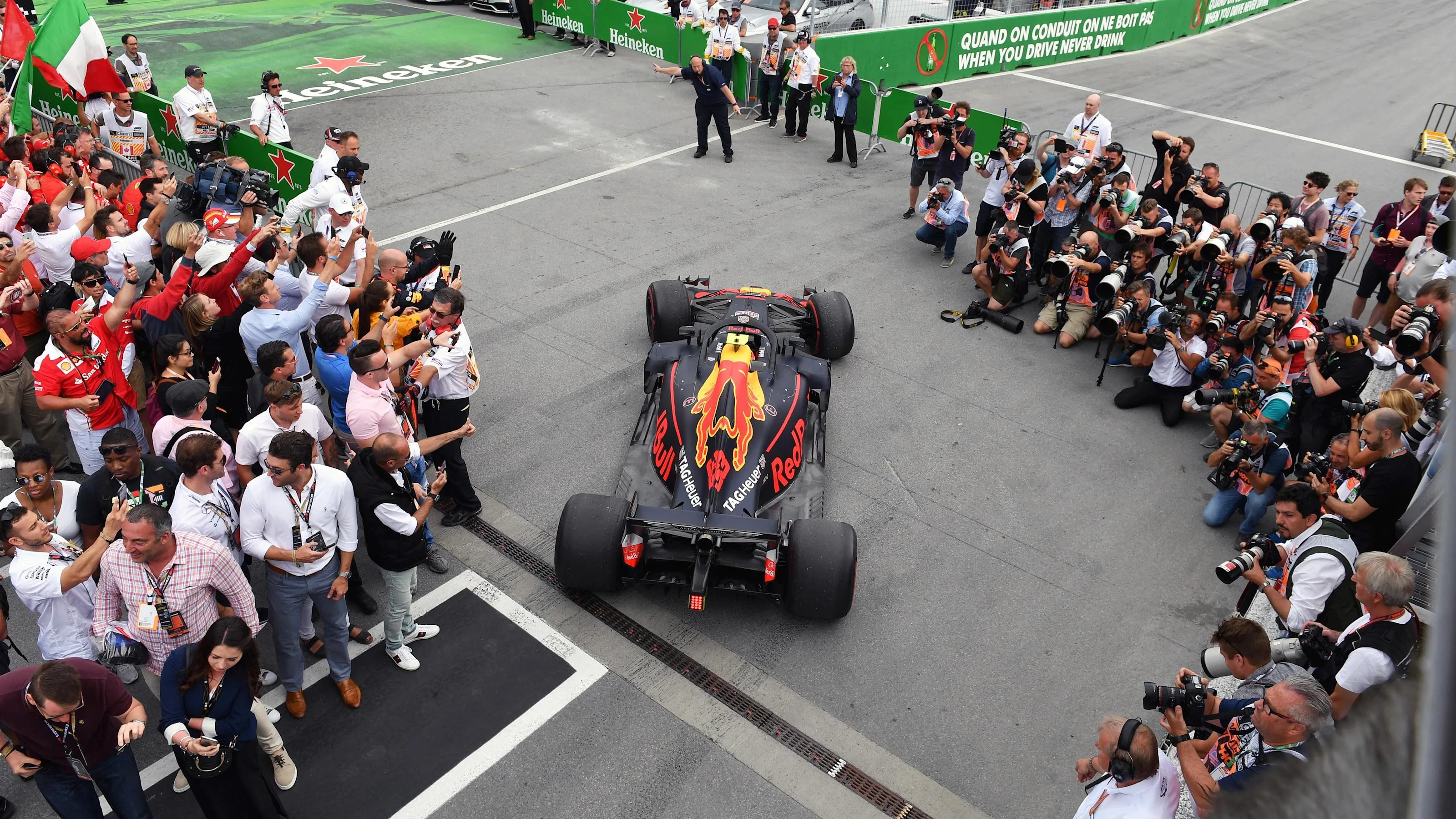 Max Verstappen (NED) Red Bull Racing RB14 arrives in parc ferme at Formula One World Championship,