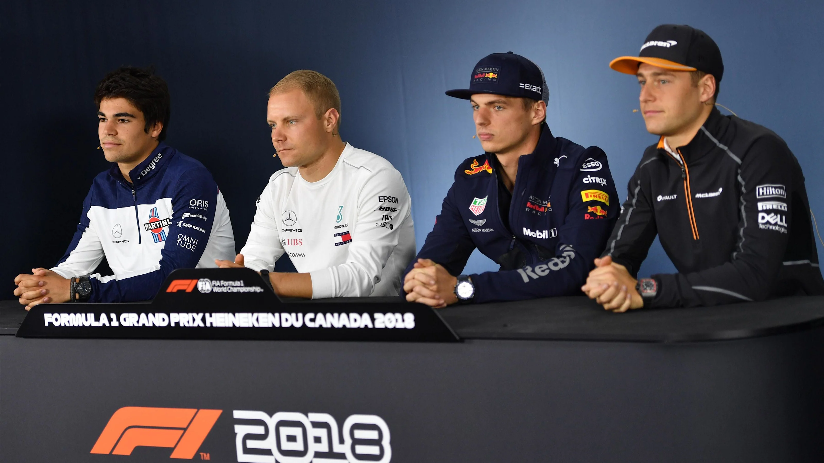 (L to R): Lance Stroll (CDN) Williams, Valtteri Bottas (FIN) Mercedes-AMG F1, Max Verstappen (NED)