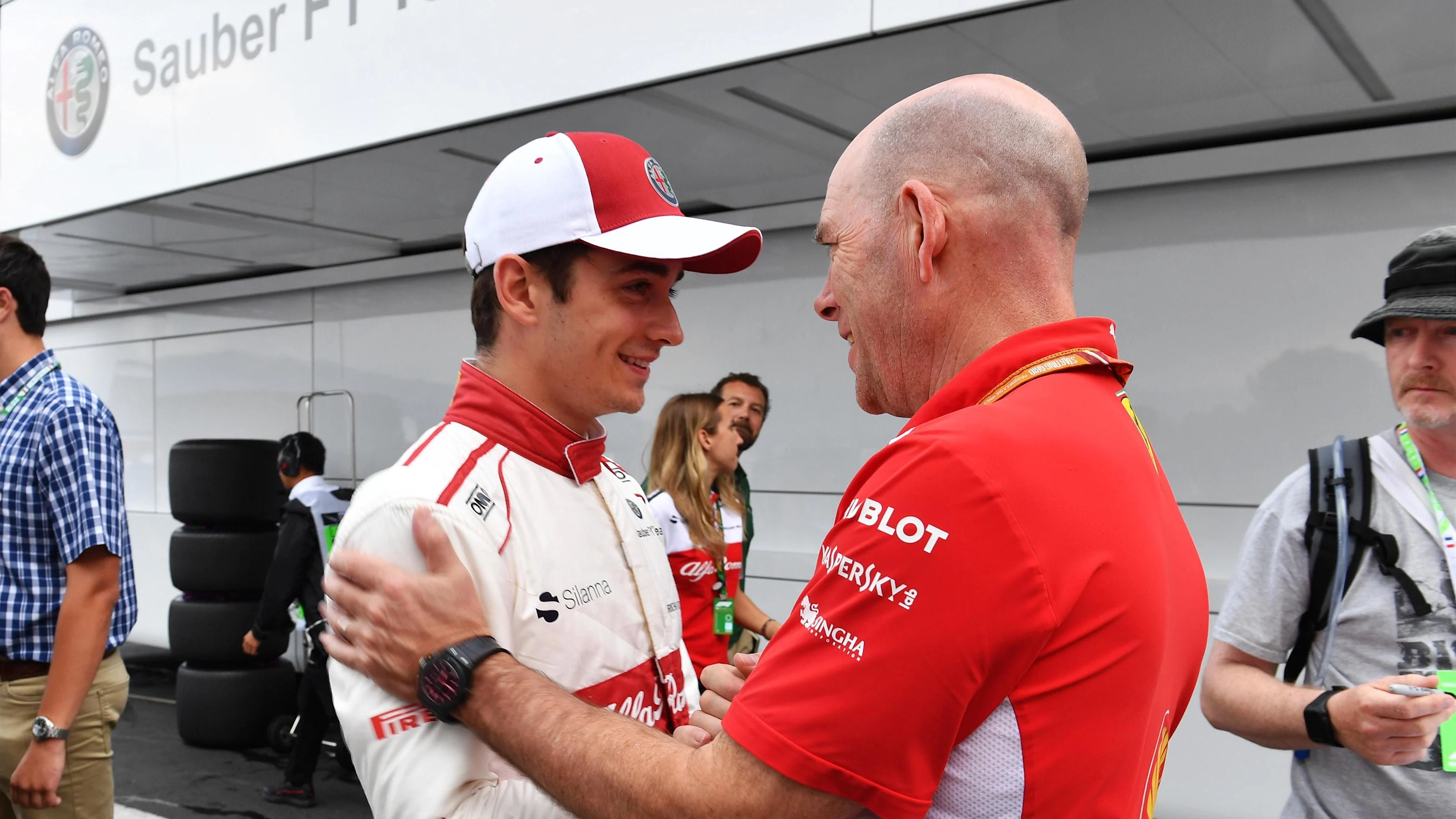 Charles Leclerc (MON) Alfa Romeo Sauber F1 Team celebrates with Jock Clear (GBR) Ferrari Chief