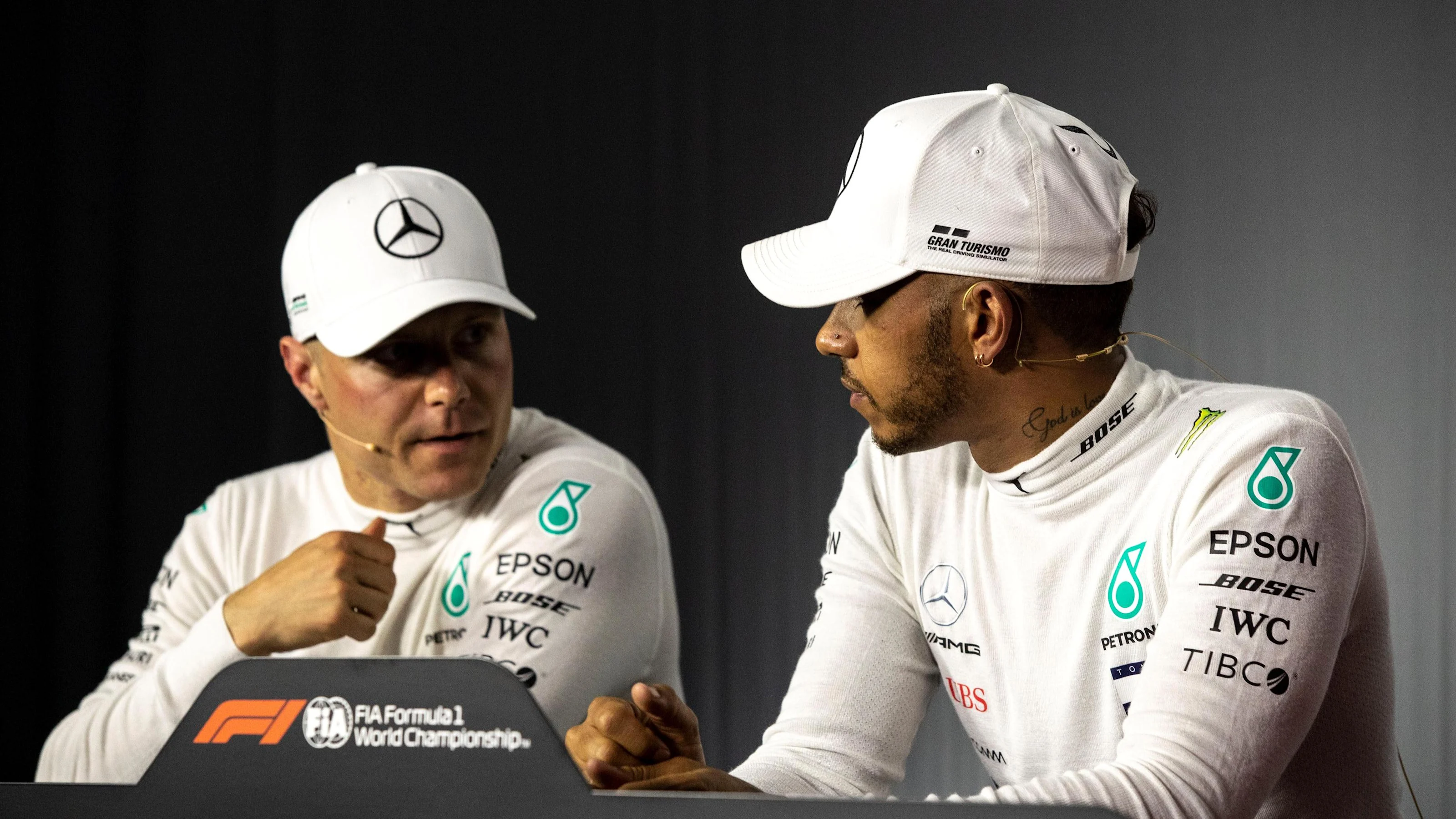 Valtteri Bottas (FIN) Mercedes-AMG F1 and Lewis Hamilton (GBR) Mercedes-AMG F1 in the Press