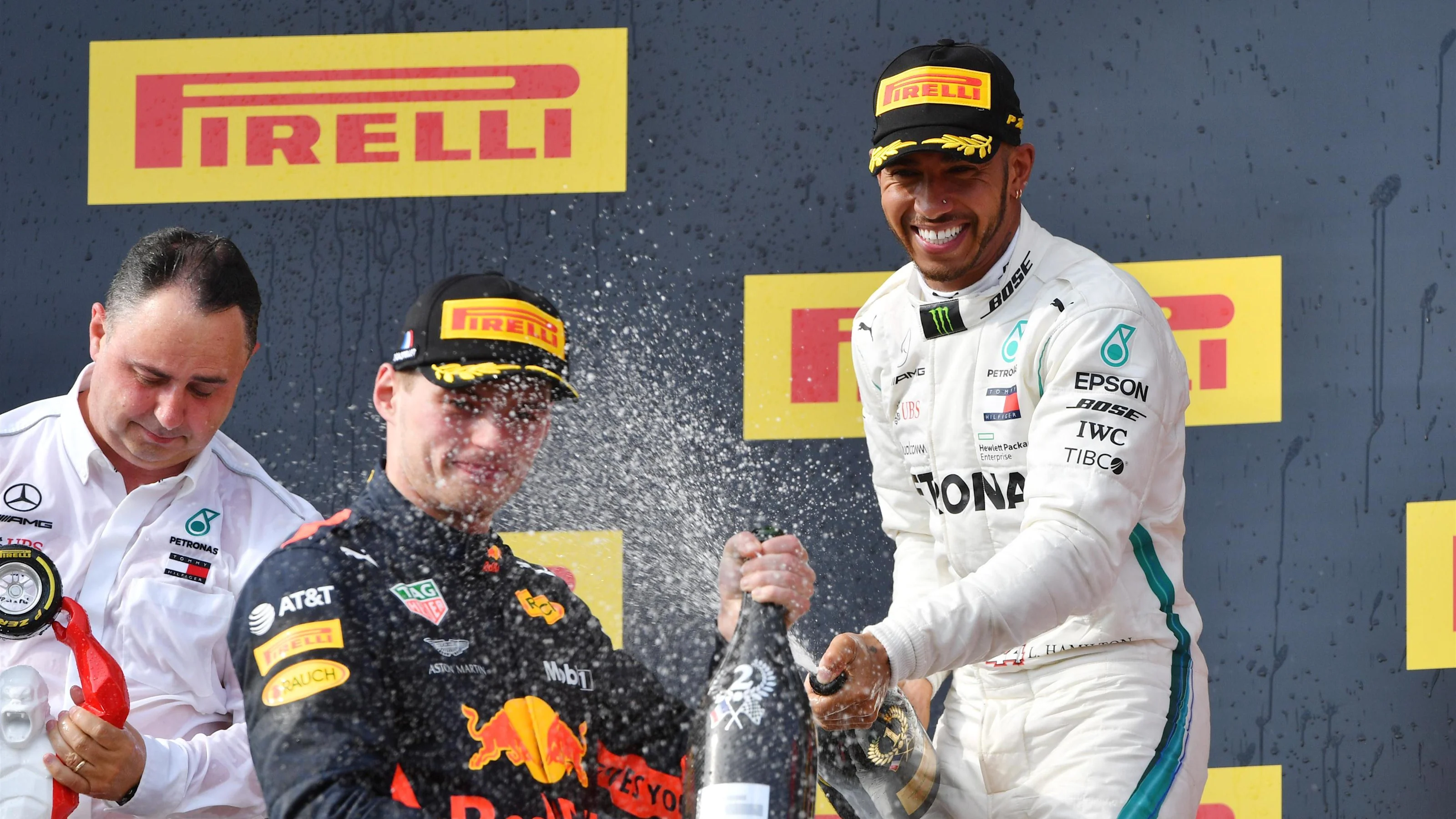 Max Verstappen (NED) Red Bull Racing and Lewis Hamilton (GBR) Mercedes-AMG F1 celebrate on the