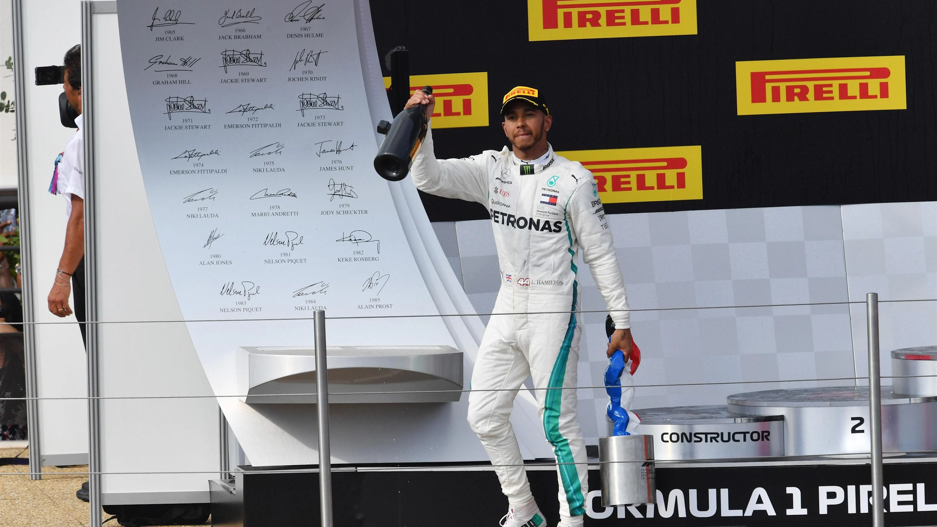 Lewis Hamilton (GBR) Mercedes-AMG F1 celebrates on the podium at Formula One World Championship,