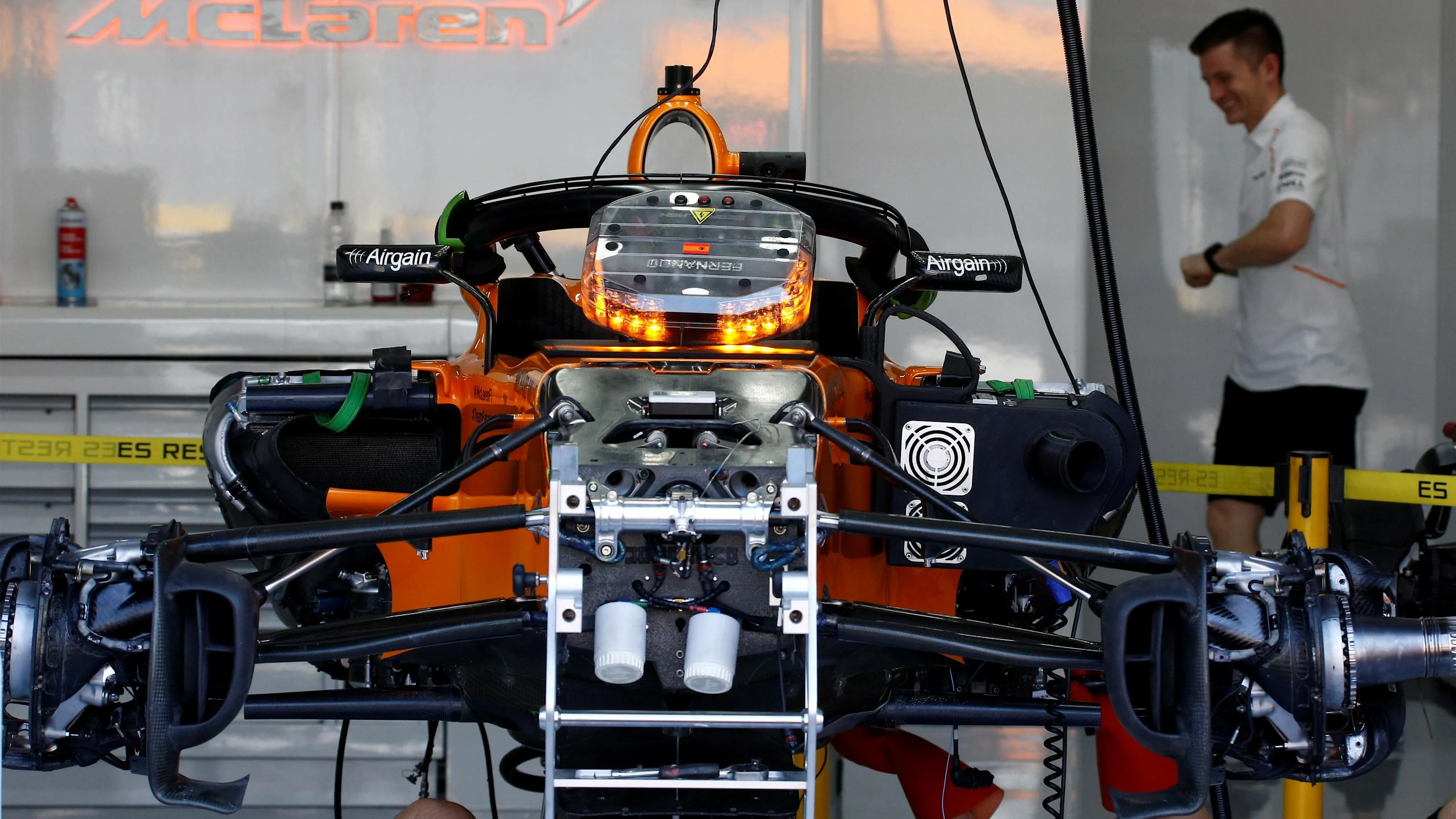 McLaren MCL33 in the garage at Formula One World Championship, Rd8, French Grand Prix,