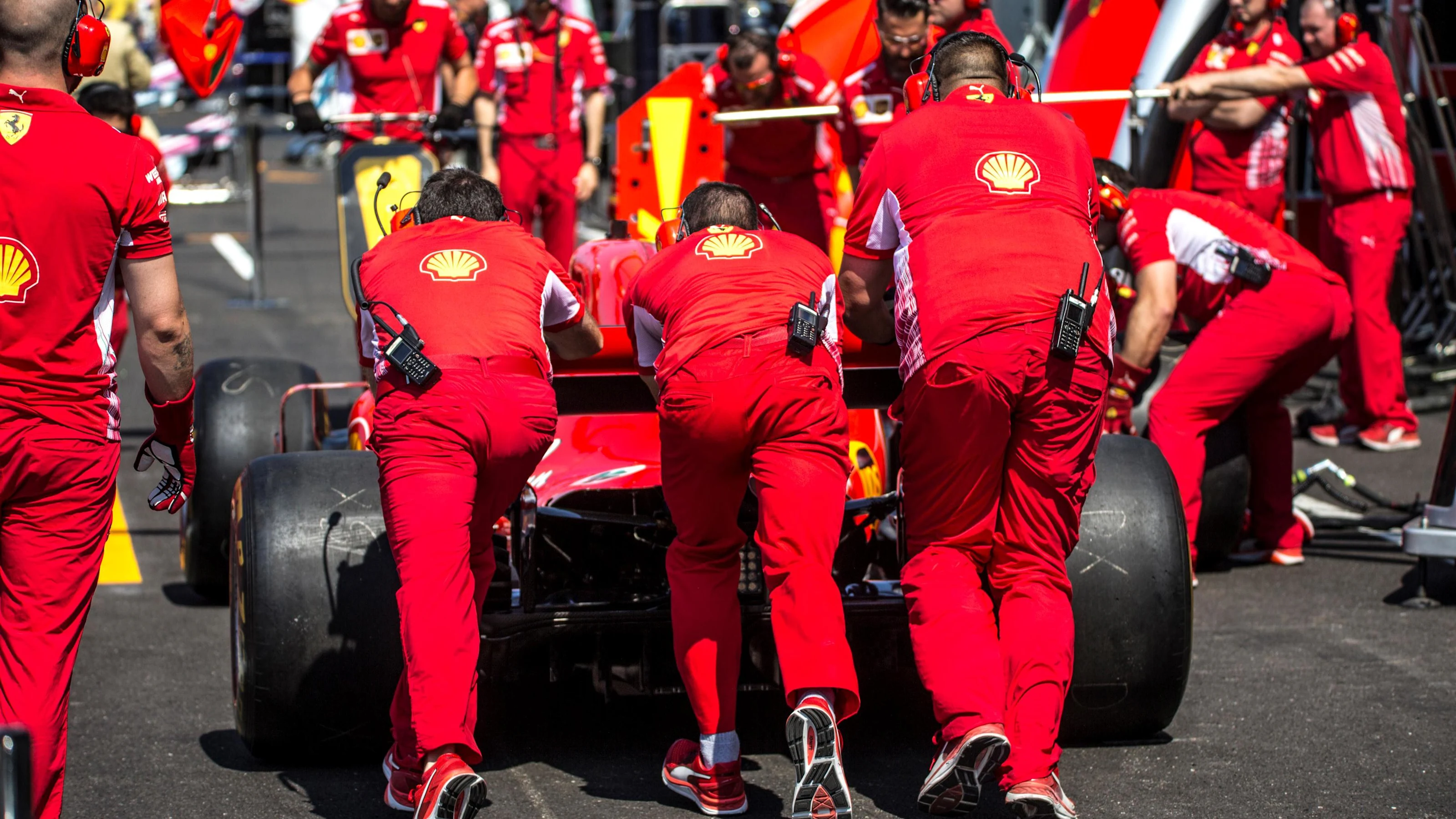 Ferrari mechanics push Ferrari SF-71H at Formula One World Championship, Rd8, French Grand Prix,