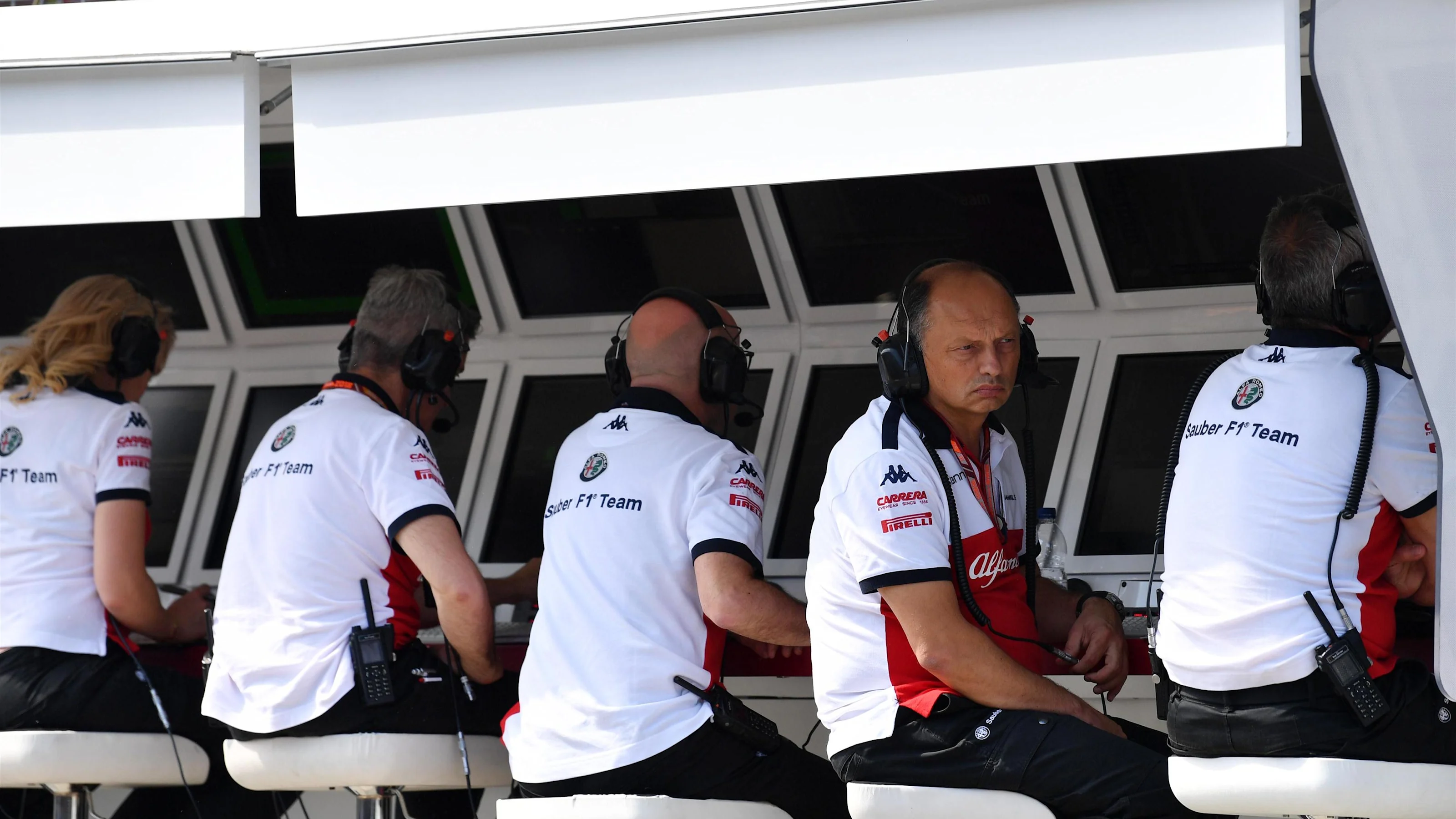 Frederic Vasseur (FRA) Alfa Romeo Sauber F1 Team, Team Principal in the pit wall gantry at Formula