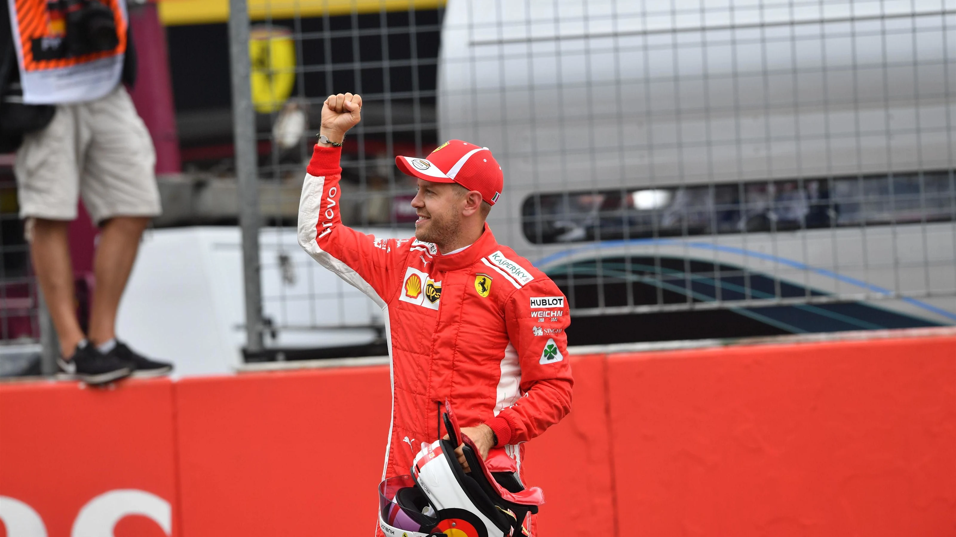 Pole sitter Sebastian Vettel (GER) Ferrari celebrates in parc ferme at Formula One World