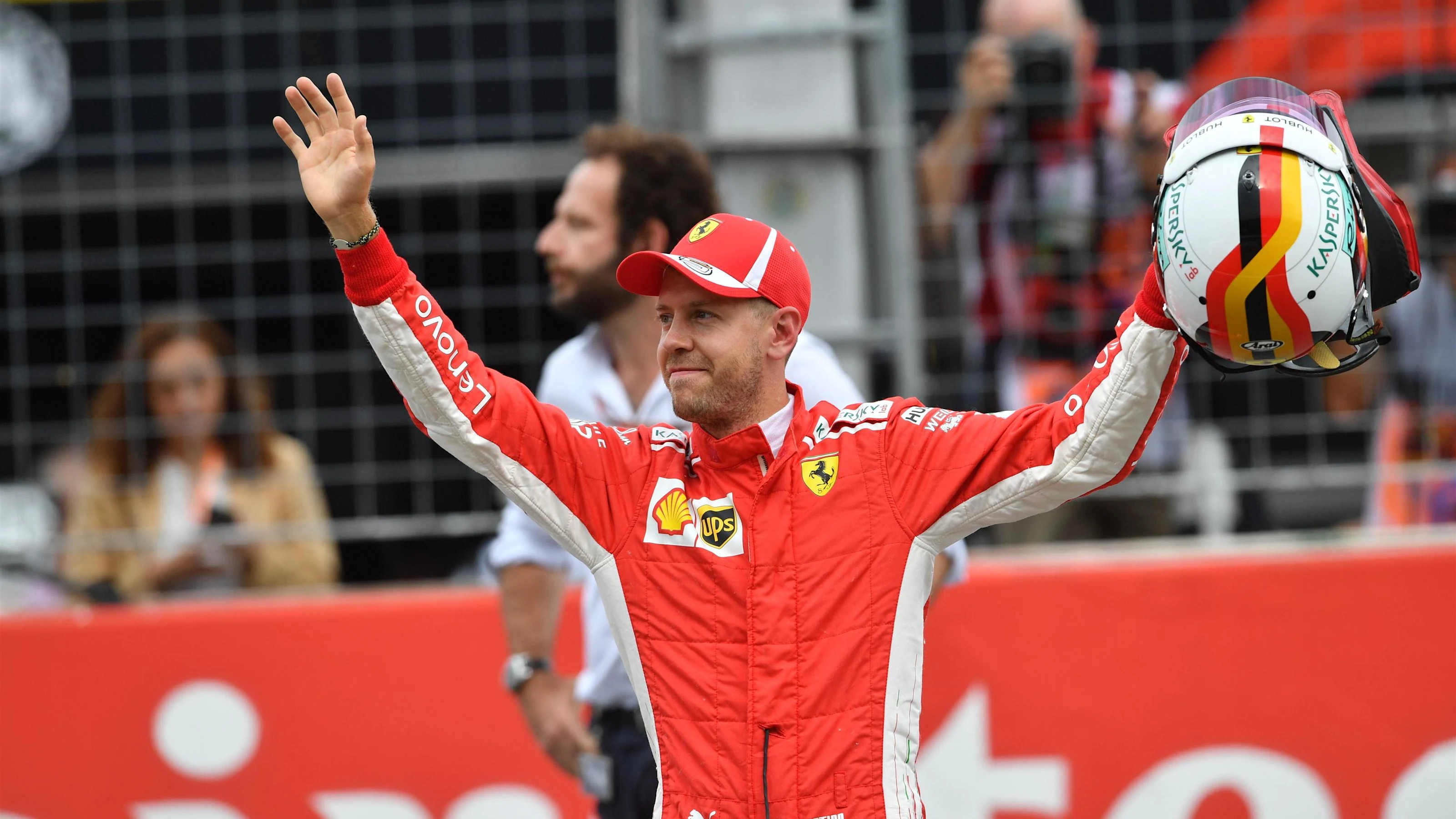 Pole sitter Sebastian Vettel (GER) Ferrari celebrates in parc ferme at Formula One World