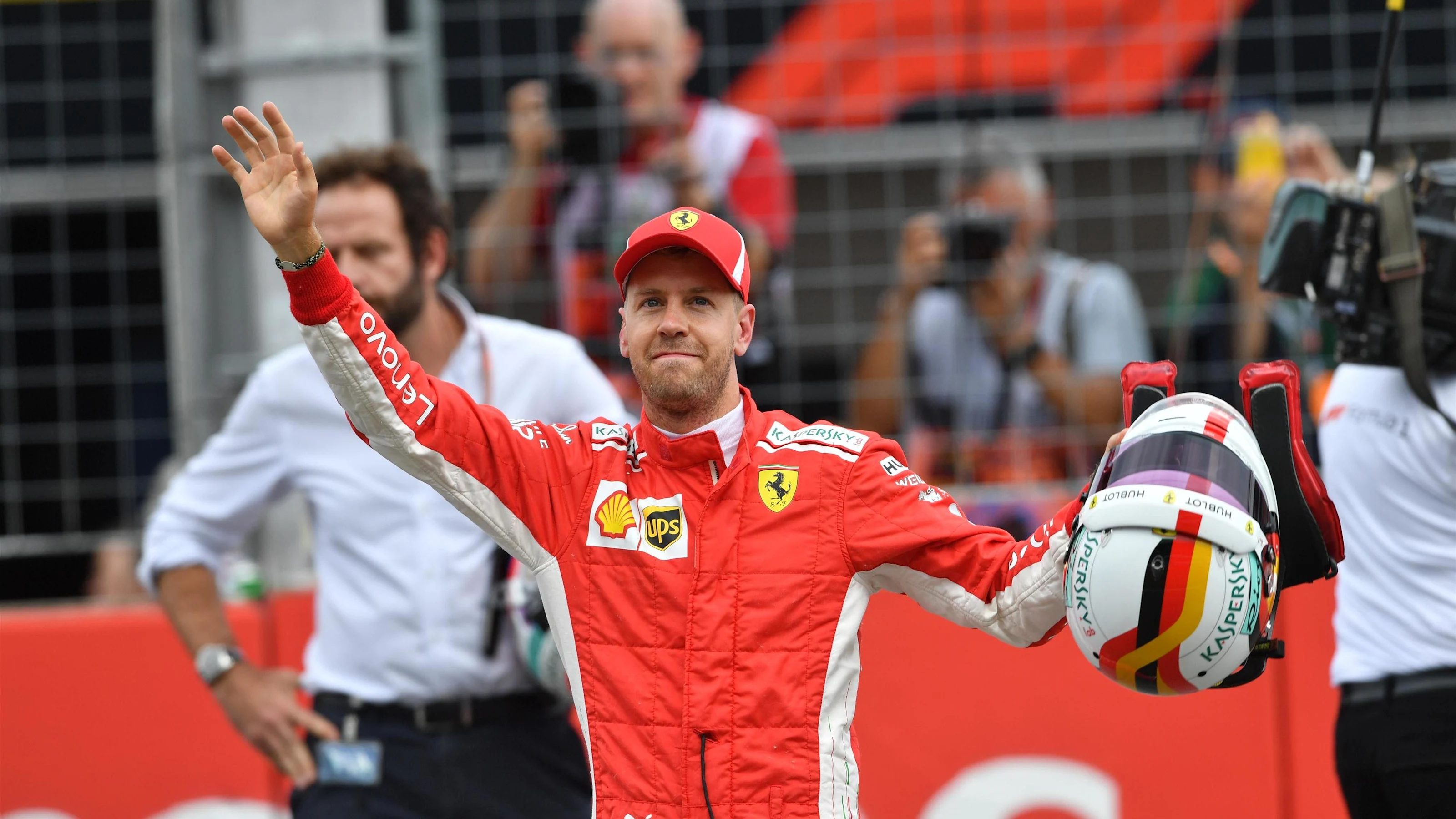 Pole sitter Sebastian Vettel (GER) Ferrari celebrates in parc ferme at Formula One World