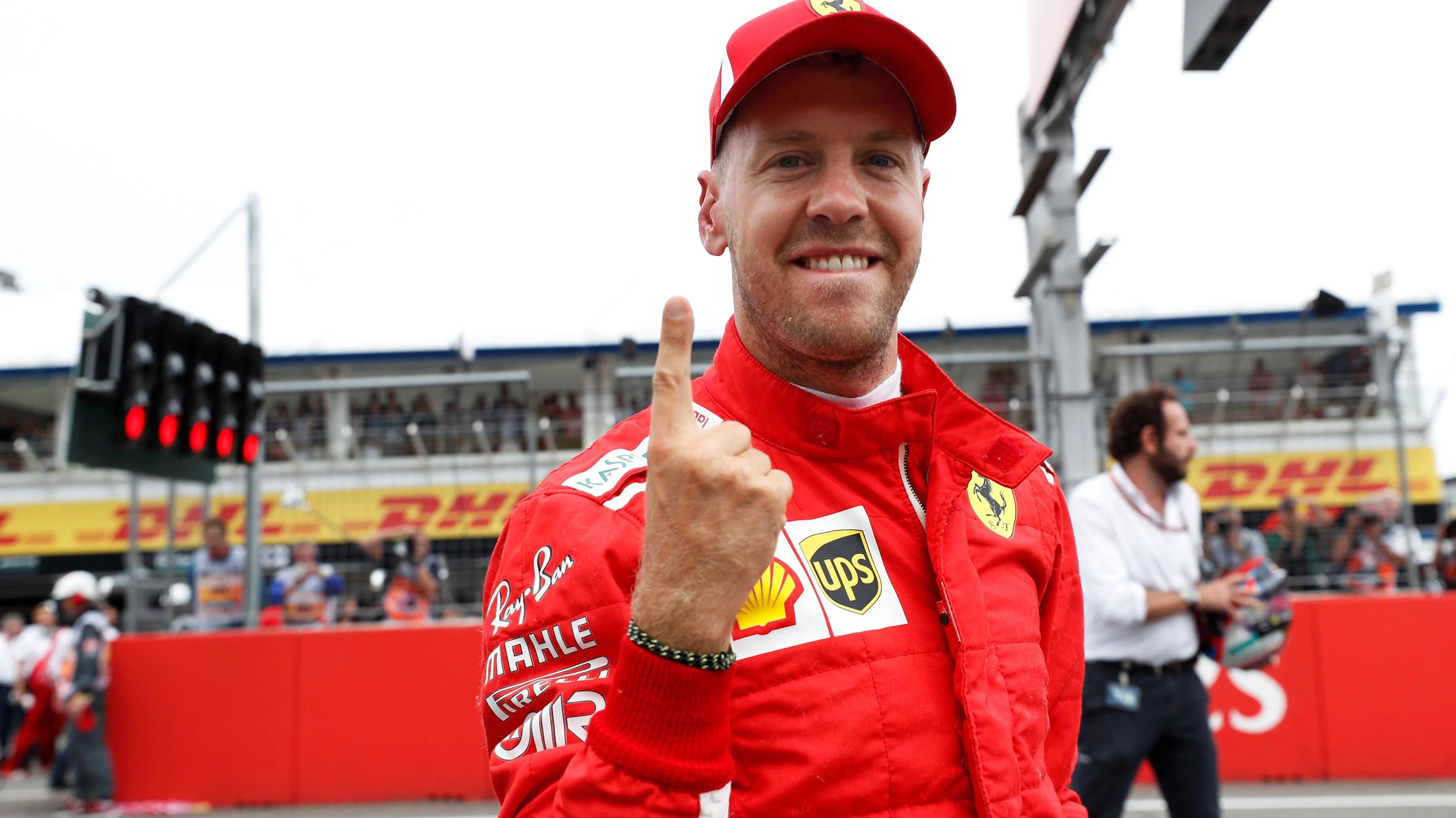 Pole sitter Sebastian Vettel (GER) Ferrari celebrates in parc ferme at Formula One World