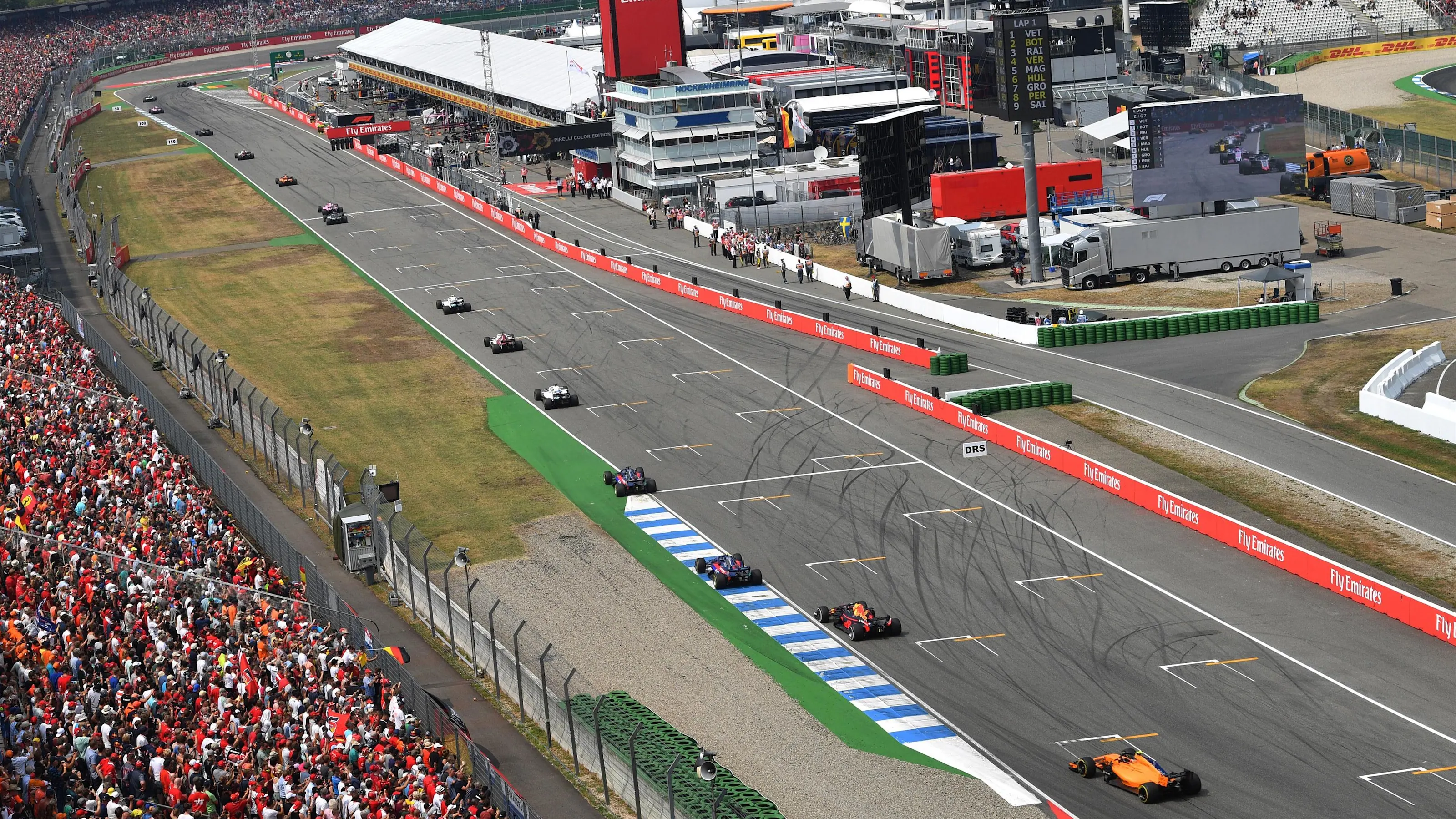 The end of lap one a action at Formula One World Championship, Rd11, German Grand Prix, Race,