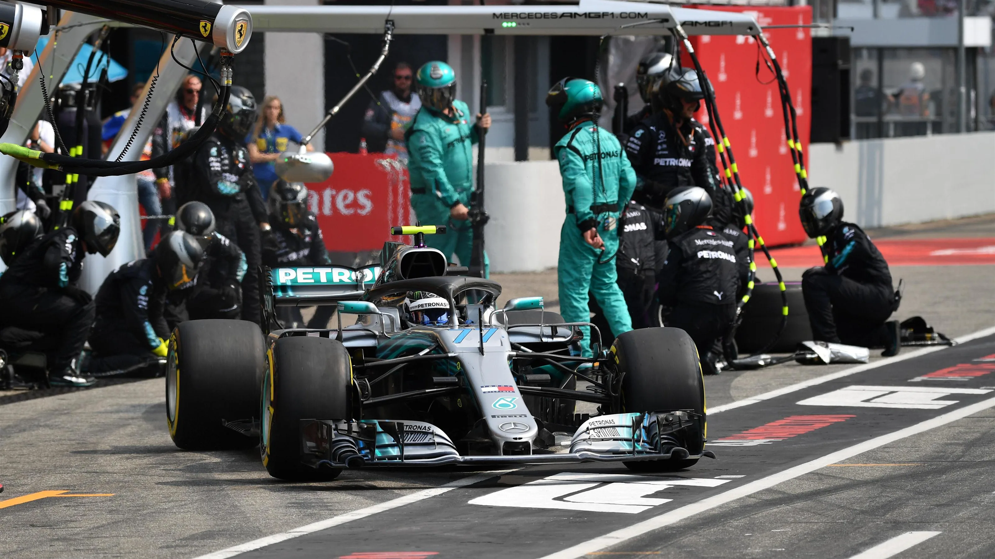 Valtteri Bottas (FIN) Mercedes-AMG F1 W09 EQ Power+ pit stop at Formula One World Championship,