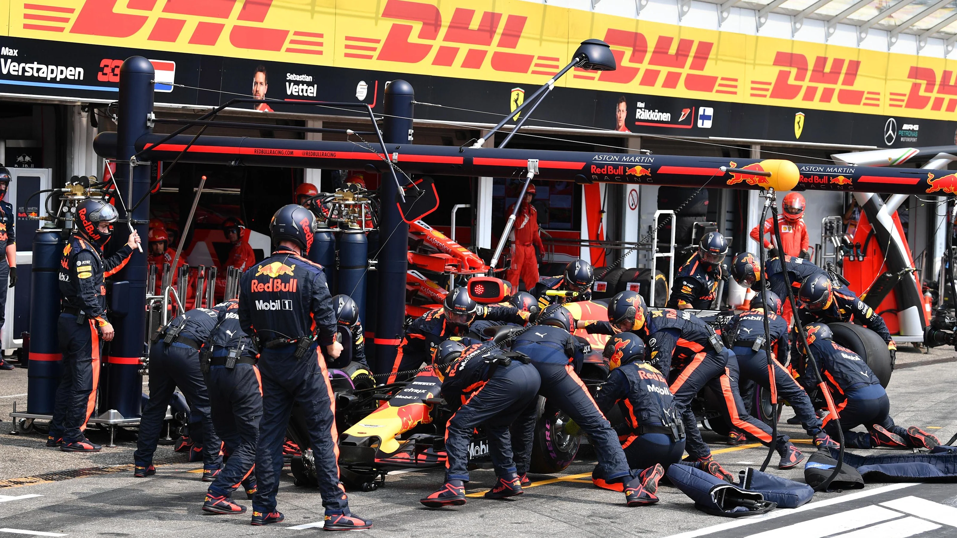 Max Verstappen (NED) Red Bull Racing RB14 pit stop at Formula One World Championship, Rd11, German