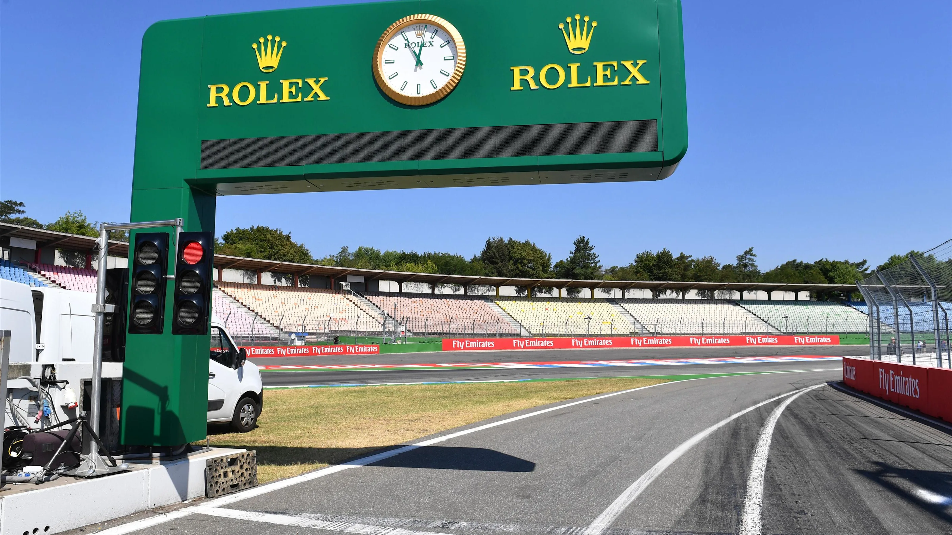 Rolex signage and clock at pit lane exit at Formula One World Championship, Rd11, German Grand