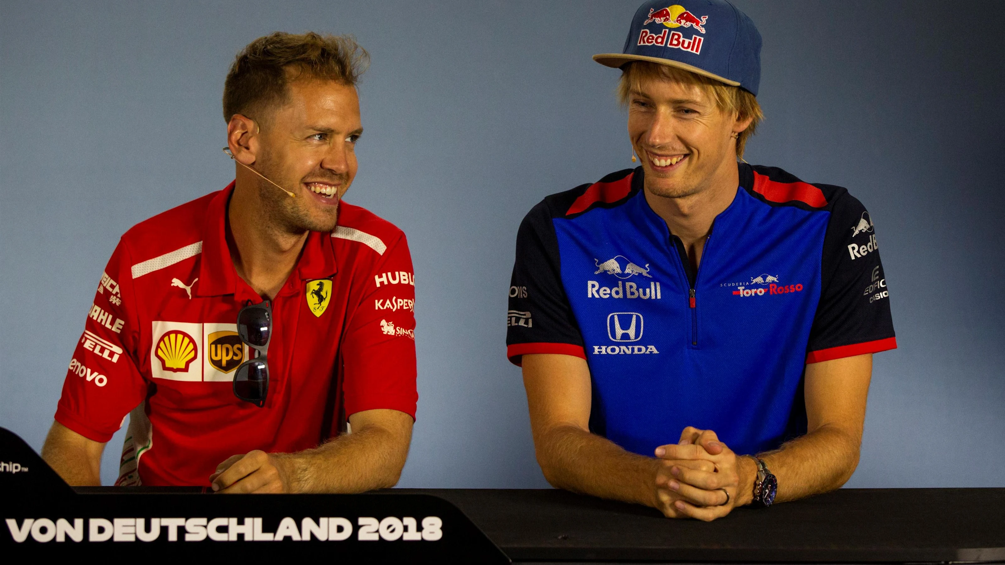 Sebastian Vettel (GER) Ferrari and Pierre Gasly (FRA) Scuderia Toro Rosso in the Press Conference