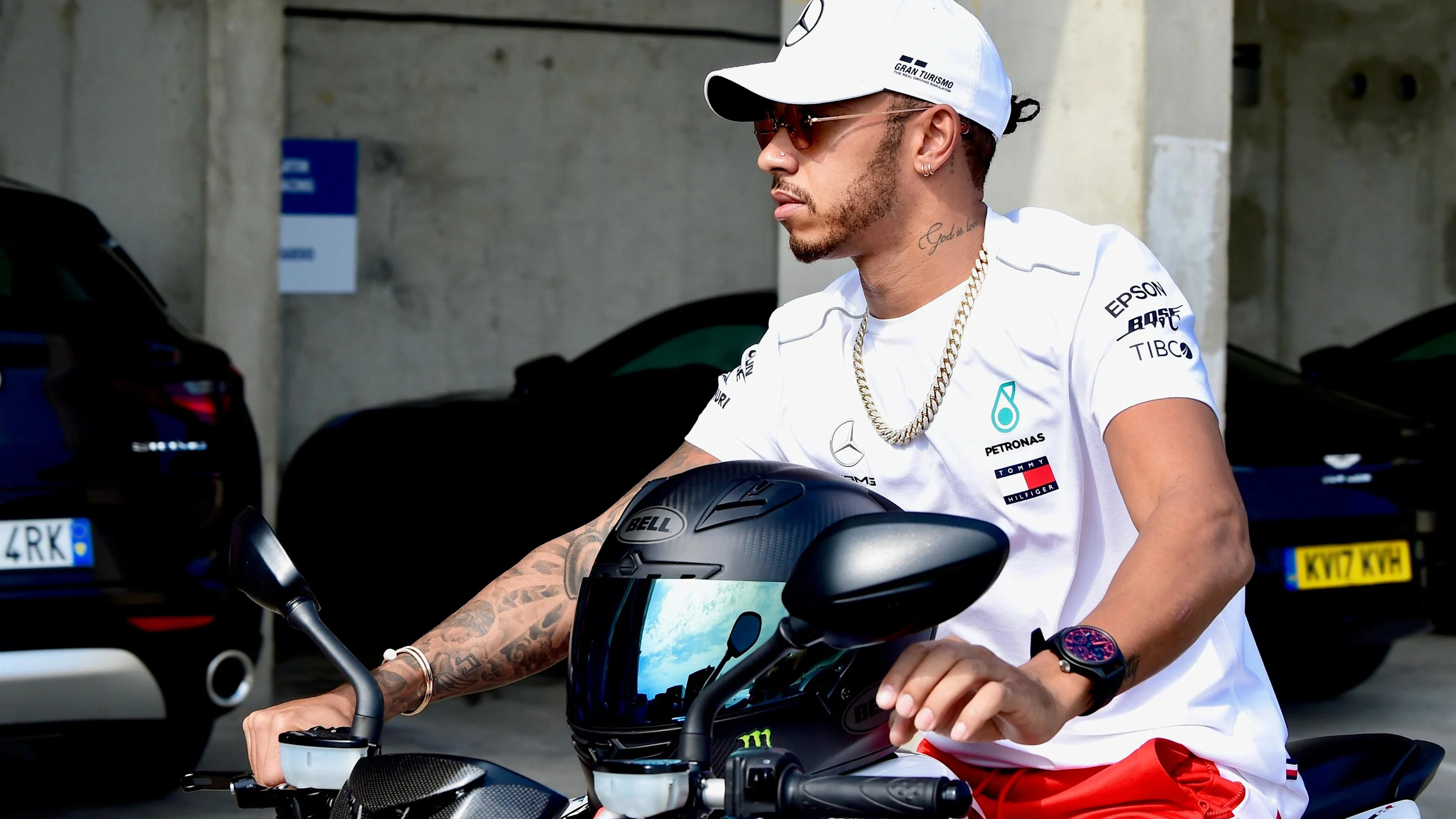 Lewis Hamilton (GBR) Mercedes-AMG F1 on his MV Agusta motorbike at Formula One World Championship,