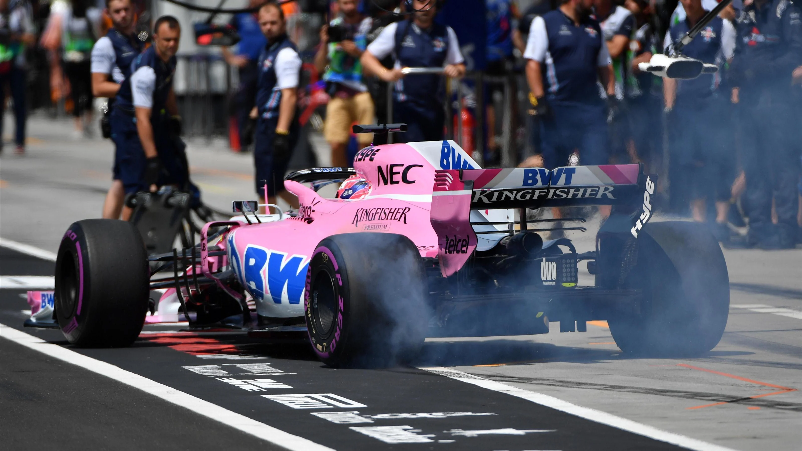 Sergio Perez (MEX) Force India VJM11 wheel spin at Formula One World Championship, Rd12, Hungarian