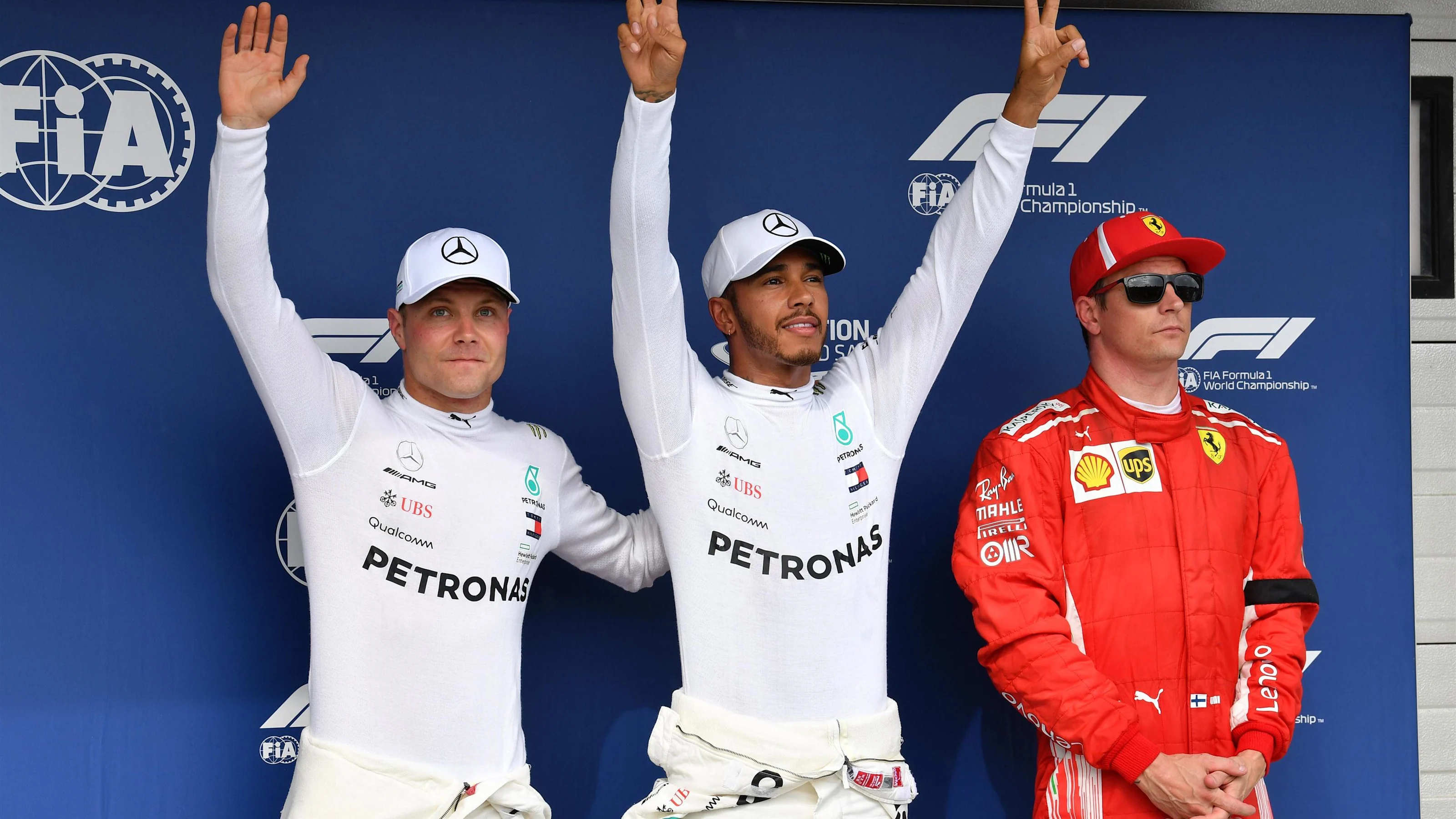 Valtteri Bottas (FIN) Mercedes-AMG F1, Lewis Hamilton (GBR) Mercedes-AMG F1 and Kimi Raikkonen