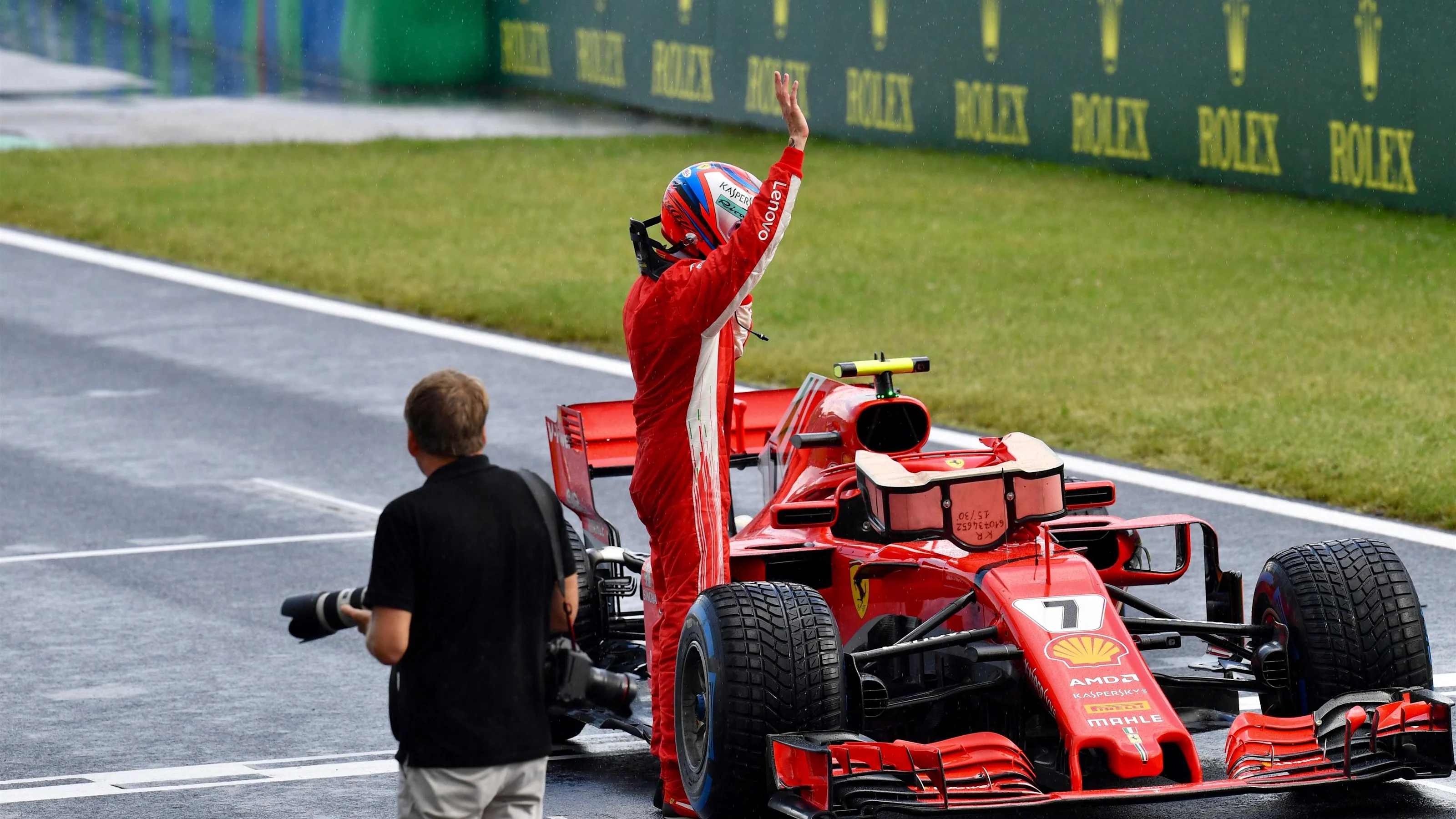 Kimi Raikkonen (FIN) Ferrari SF-71H celebrates in parc ferme at Formula One World Championship,
