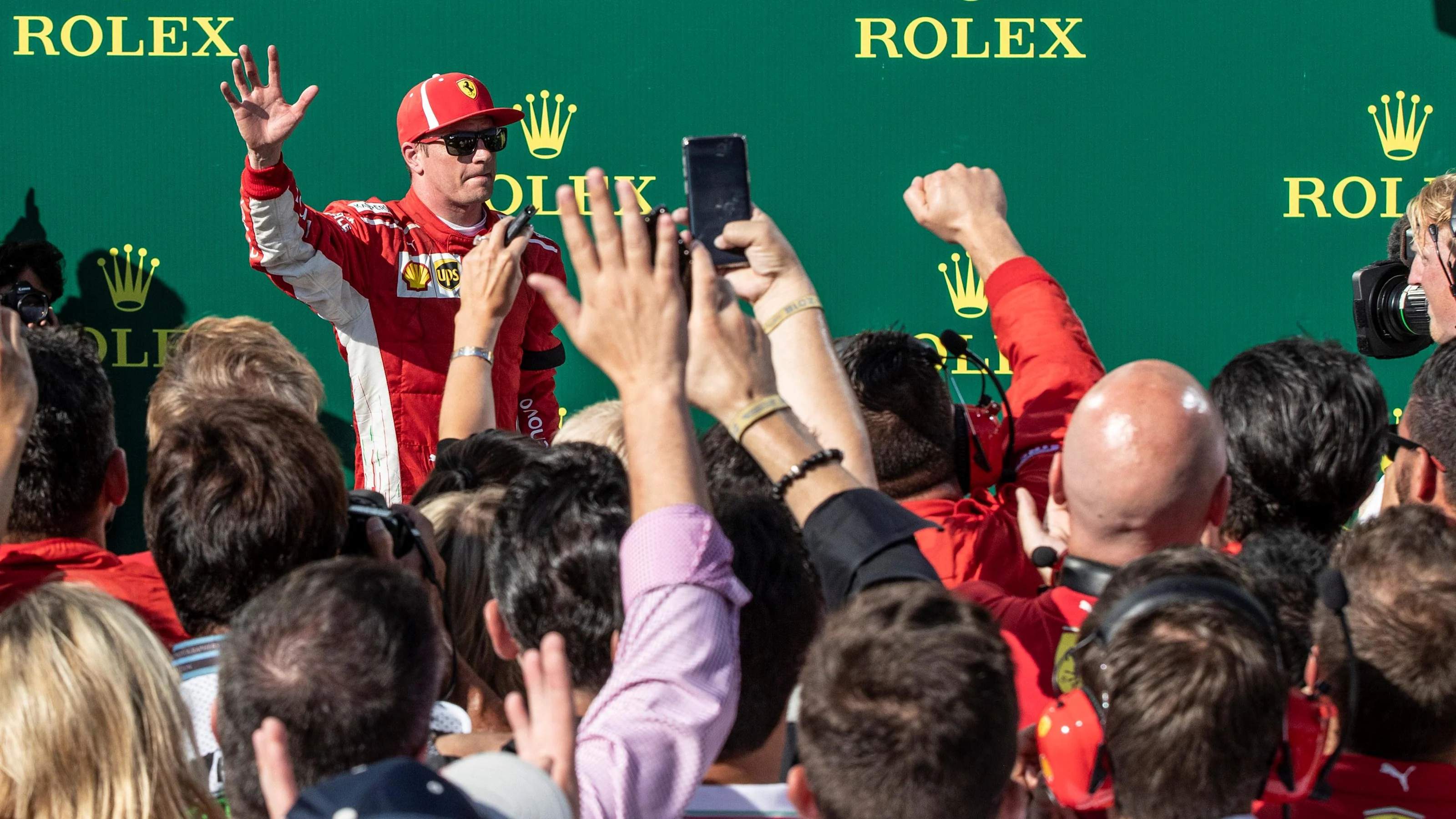 Kimi Raikkonen (FIN) Ferrari celebrates in parc ferme at Formula One World Championship, Rd12,