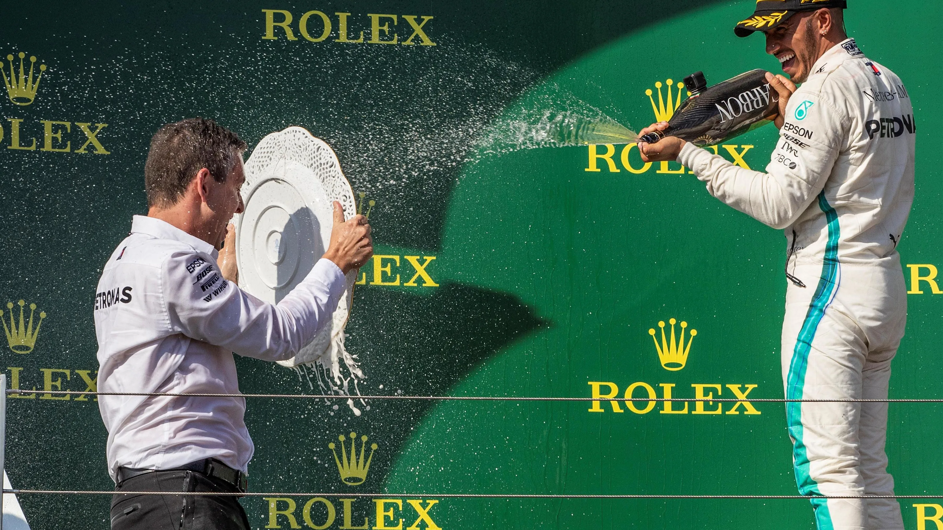 Lewis Hamilton (GBR) Mercedes-AMG F1 celebrates on the podium with the champagne at Formula One