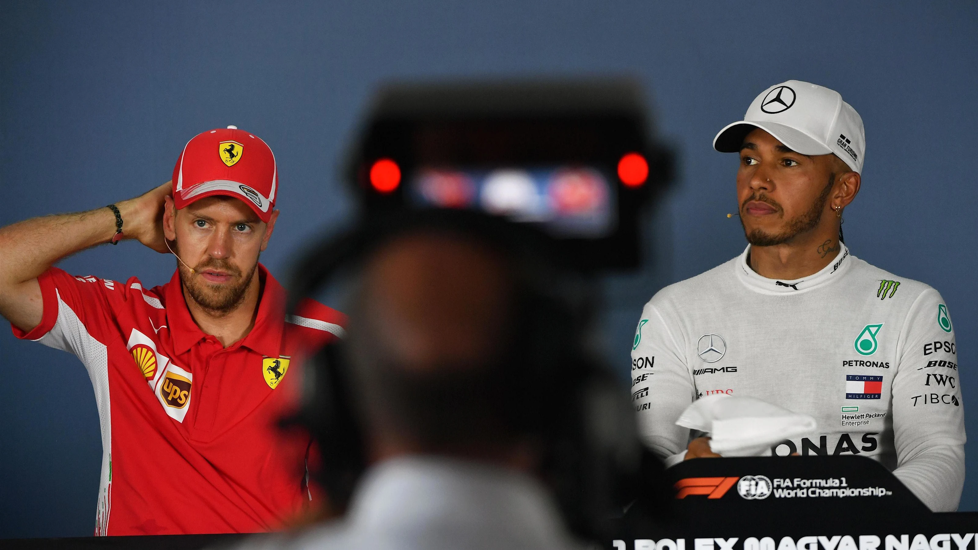 Sebastian Vettel (GER) Ferrari and Lewis Hamilton (GBR) Mercedes-AMG F1 in the Press Conference at