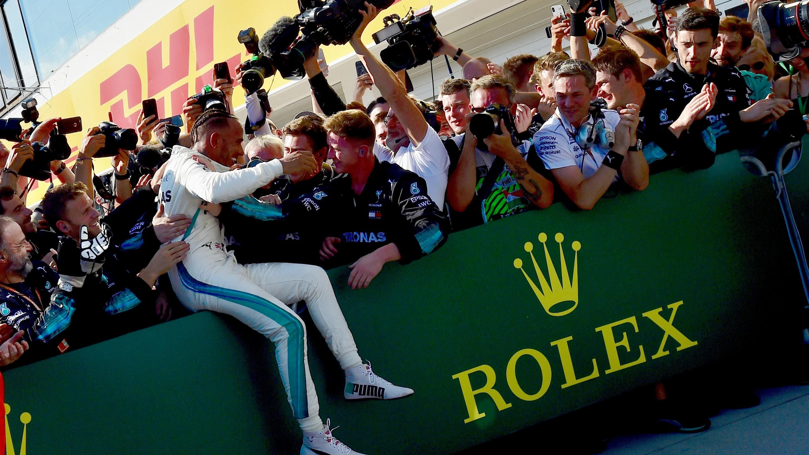 Lewis Hamilton (GBR) Mercedes-AMG F1 celebrates in parc ferme at Formula One World Championship,
