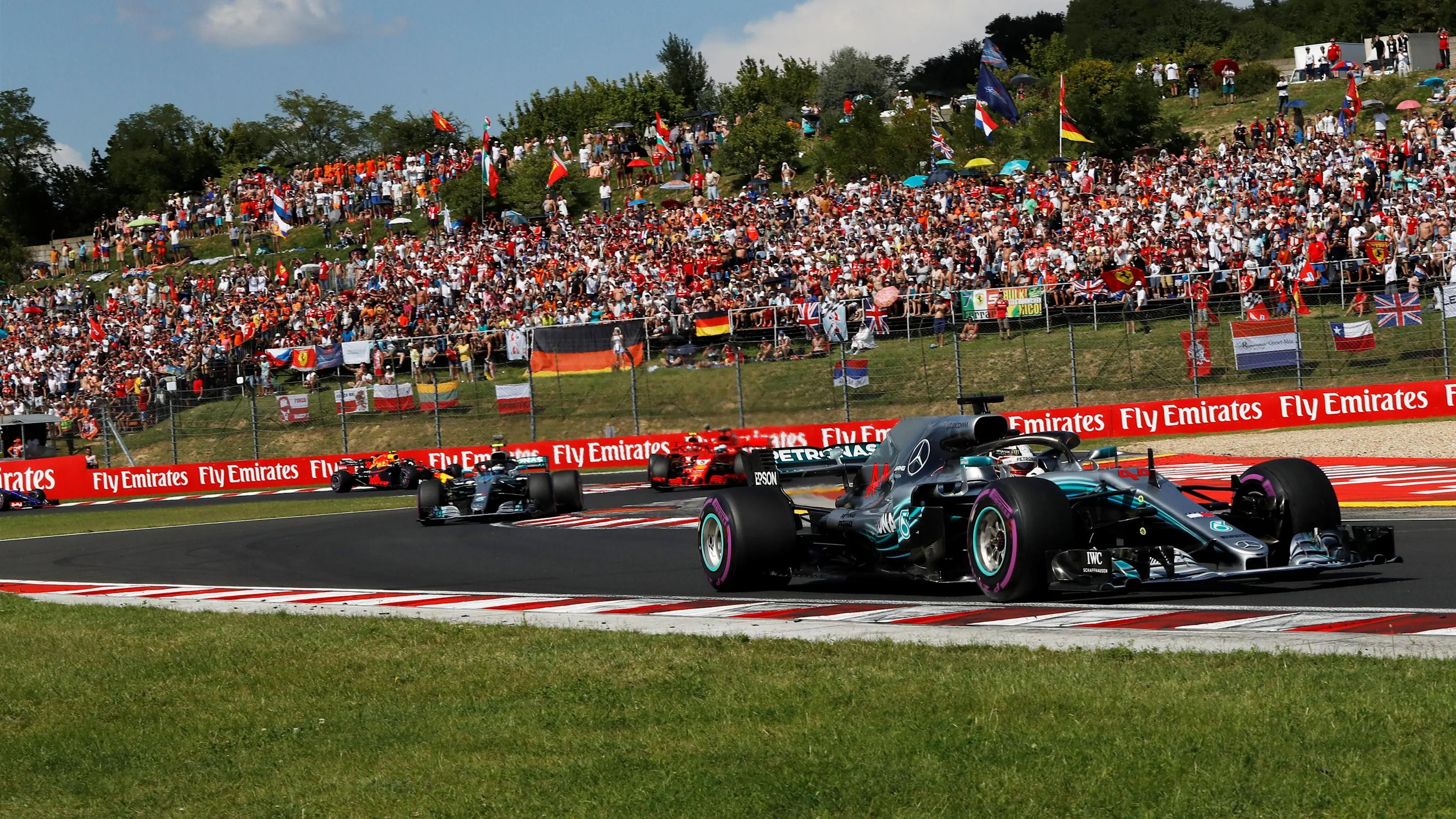 Lewis Hamilton (GBR) Mercedes-AMG F1 W09 EQ Power+ leads at the start of the race at Formula One